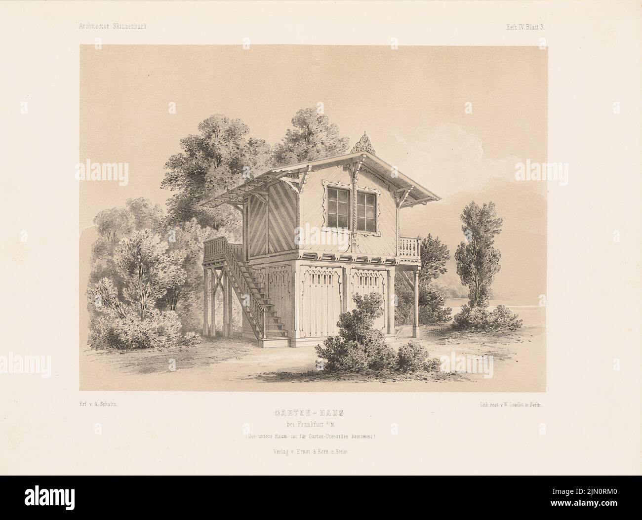 Schultz Adolph, Gartenhaus, Frankfurt am Main. (Aus: Architectural Sketchbook, H. 4, 1852.) (1852-1852): Perspektivische Ansicht. Lithographie auf Papier, 24,4 x 33 cm (inklusive Scan-Kanten) Schultz Adolph : Gartenhaus, Frankfurt/Main. (Aus: Architektonisches Skizzenbuch, H. 4, 1852) Stockfoto