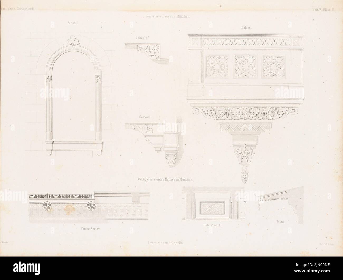 Borstell Gustav, Haus, München. (Aus: Architectural Sketchbook, H. 6, 1852.) (1852-1852): Details. Stich auf Papier, 25 x 33,4 cm (inklusive Scan-Kanten) Borstell Gustav : Haus, München. (Aus: Architektonisches Skizzenbuch, H. 6, 1852) Stockfoto