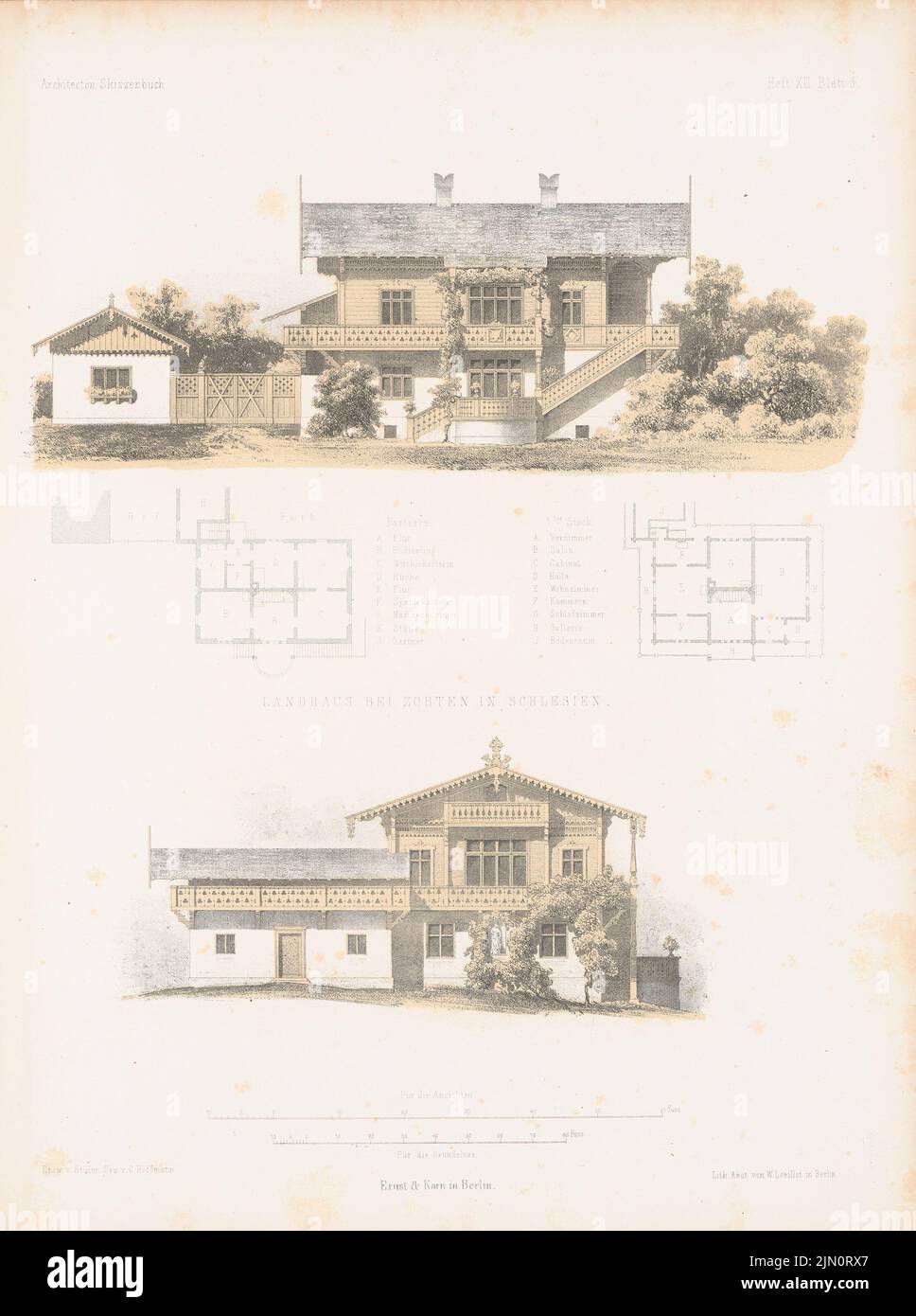 Stüler August (1800-1865), Landhaus, Zobbten. (Aus: Architectural Sketchbook, H. 12, 1853.) (1853-1853): Grundrisse, Aussicht. Lithographie auf Papier, 33,3 x 24,8 cm (inklusive Scankanten) Stüler Friedrich August (1800-1865): Landhaus, Zoben. (Aus: Architektonisches Skizzenbuch, H. 12, 1853) Stockfoto