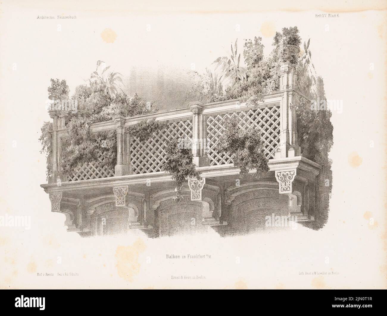 Rentz, Balkon, Frankfurt/Main. (Aus: Architectural Sketchbook, H. 15, 1854.) (1854-1854): Perspektivische Ansicht. Lithographie auf Papier, 24,8 x 33,1 cm (inklusive Scankanten) Rentz : Balkon, Frankfurt/Main. (Aus: Architektonisches Skizzenbuch, H. 15, 1854) Stockfoto