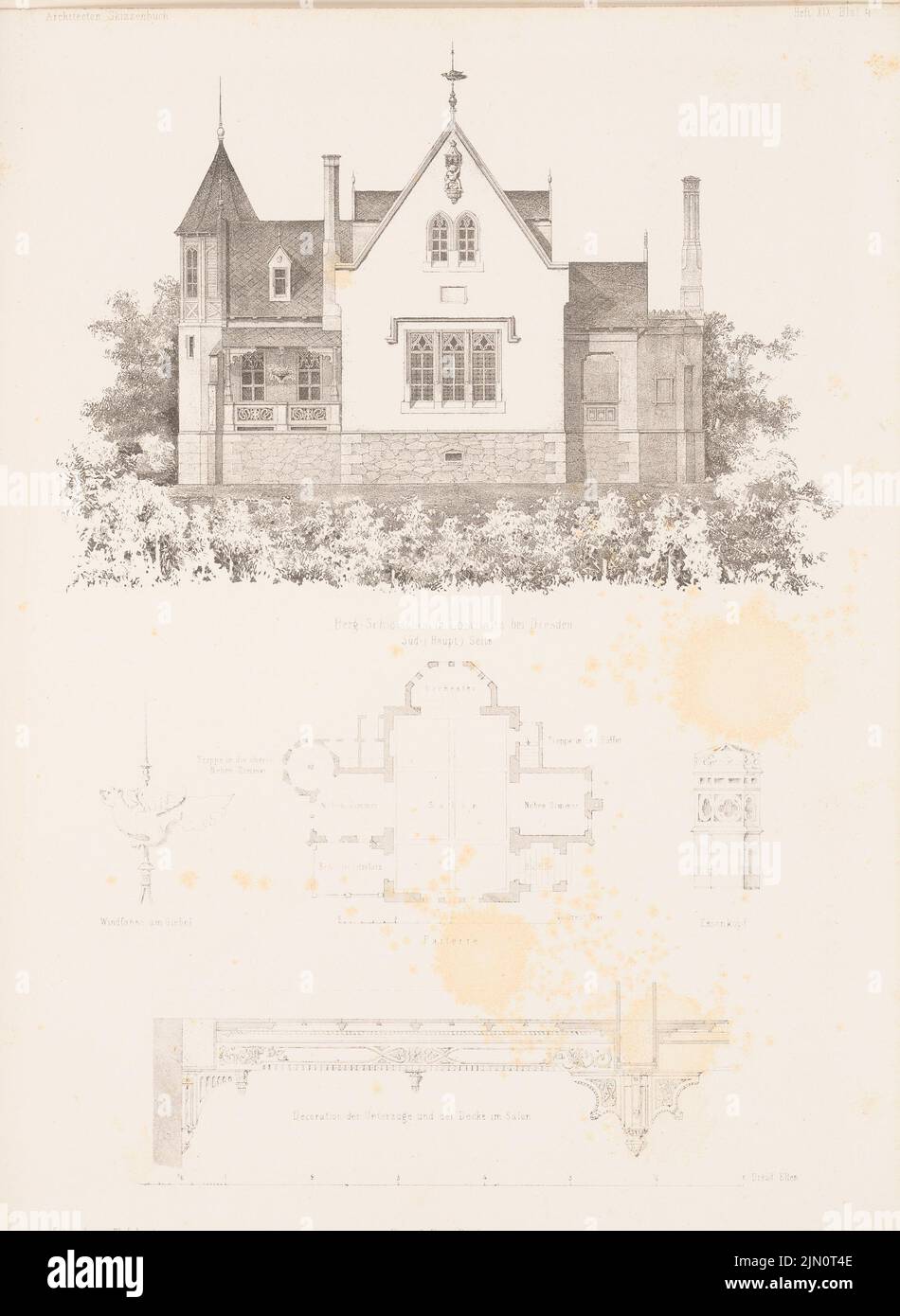 Lehnert Theodor, Bergschlösschen, Dresden-Loschwitz. (Aus: Architectural Sketchbook, H. 19, 1855.) (1855-1855): Grundriß, Aussicht, Details. Lithographie auf Papier, 33,6 x 24,6 cm (inklusive Scan-Kanten) Lehnert Theodor : Bergschlösschen, Dresden-Loschwitz. (Aus: Architektonisches Skizzenbuch, H. 19, 1855) Stockfoto