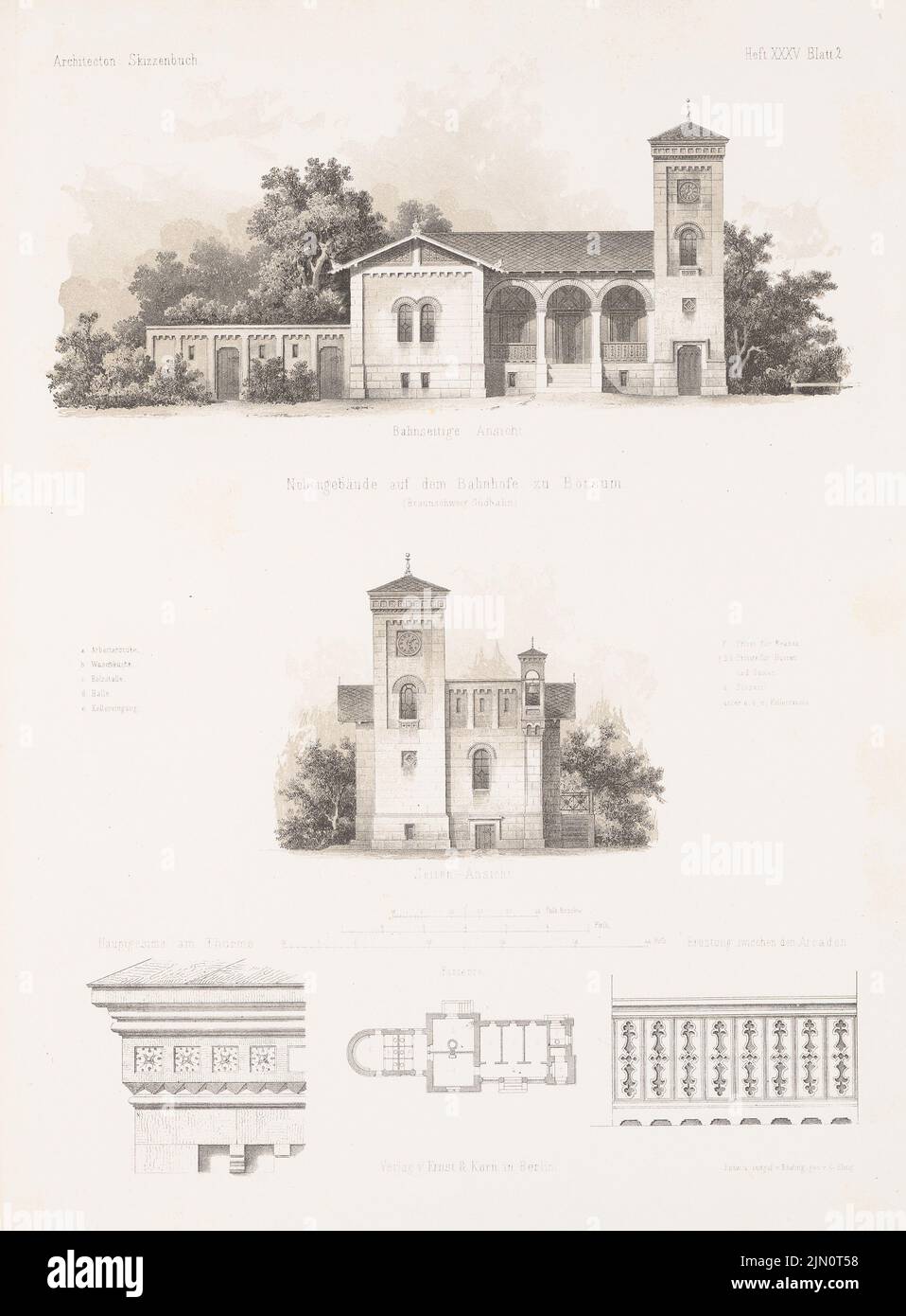 N.N., Nebengebäude am Bahnhof, Börßum. (Aus: Architectural Sketchbook, H. 35, 1858.) (1858-1858): Grundrisse, Blick von der Bahnseite, Seitenansicht, Details. Lithographie auf Papier, 66,1 x 48,7 cm (einschließlich Scankanten) N.N. : Nebengebäude auf dem Bahnhof, Börßum. (Aus: Architektonisches Skizzenbuch, H. 35, 1858) Stockfoto