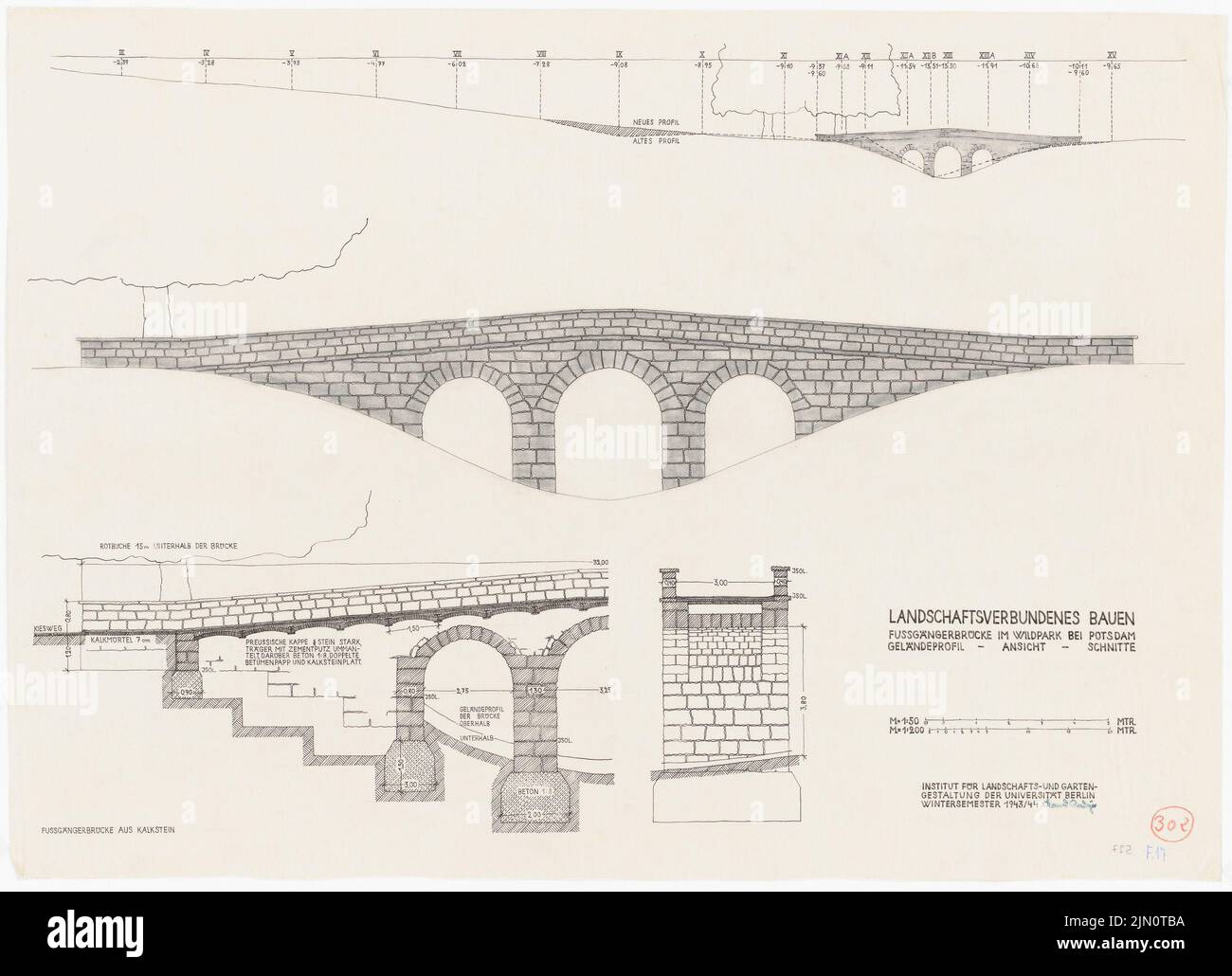 N.N., Fußgängerbrücke im Wildpark, Potsdam (ohne Datum): Ansichten, Schnitt, Detail. Leichter Bruch auf Papier, 52,9 x 73 cm (einschließlich Scankanten) N.N. : Fußgängerbrücke im Wildpark, Potsdam Stockfoto