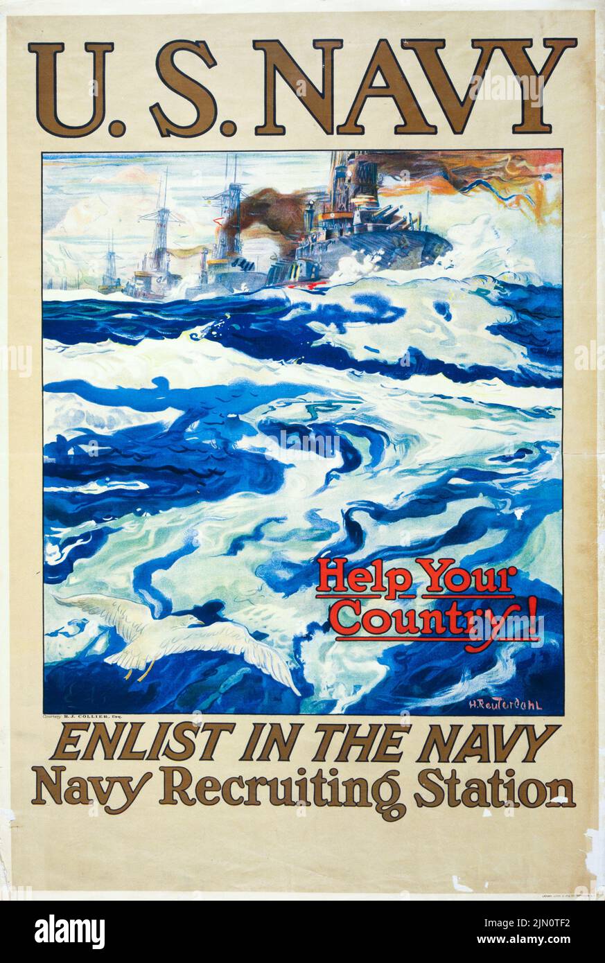 U.S. Navy – Helfen Sie Ihrem Land! Anwerb in der Navy, Navy Recruiting Station (1917) Poster aus der Zeit des Ersten Weltkriegs von Henry Reuterdahl Stockfoto