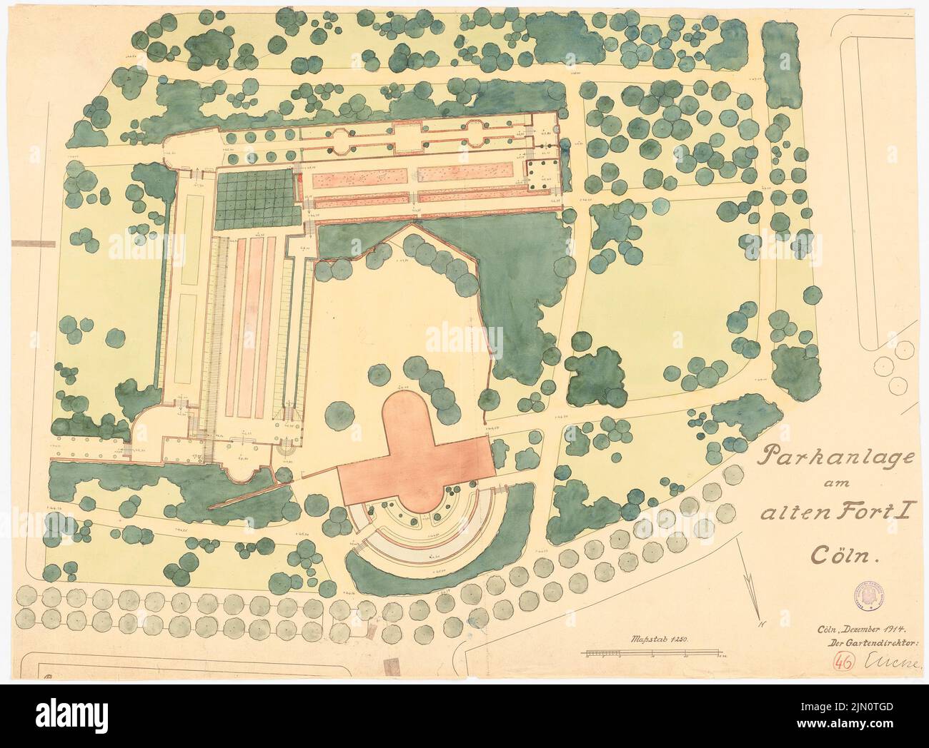 Encke Friedrich August (1861-1931), Park AM Alten Fort I, Köln (1914): Grundriss 1: 250. Lichtbruch Wasserfarben auf Papier, 81,7 x 110,8 cm (inklusive Scan-Kanten) Encke Friedrich August (1861-1931): Parkanlage am alten Fort I, Köln Stockfoto