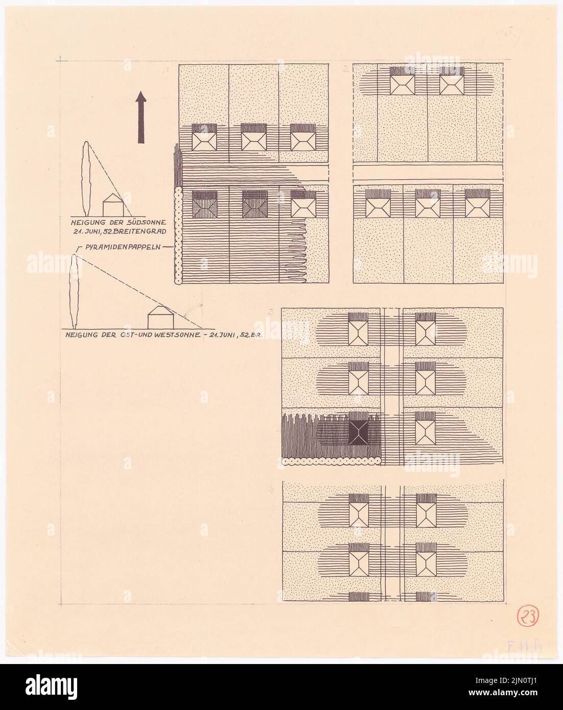 N.N., Proportionstudien und Sonntage (ohne Datum): Grundrisse, Ansichten. Leichter Bruch auf Papier, 53,3 x 45,2 cm (einschließlich Scankanten) N.N. : Proportionsstudien und Sonneinfall Stockfoto