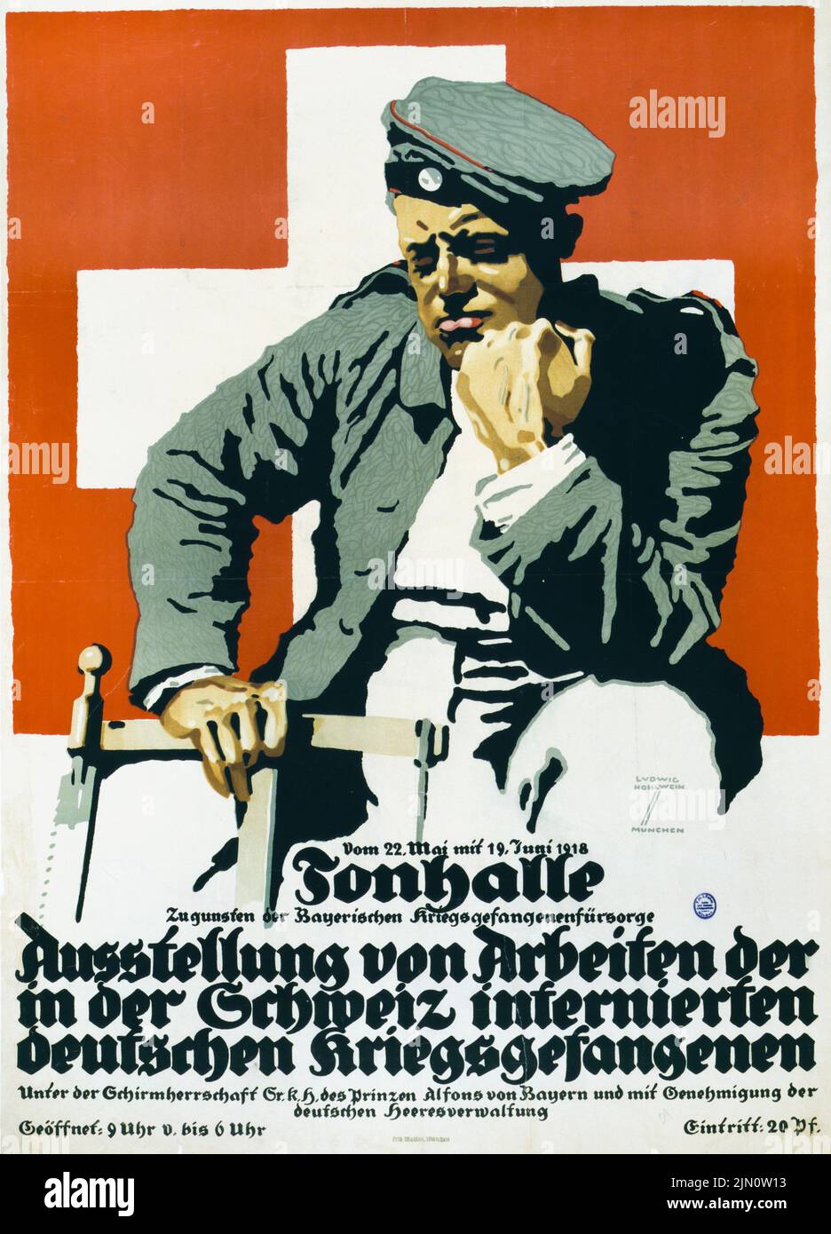 Tonhalle……Ausstellung von Arbeiten der in der Schweiz internierten deutschen Kriegsgefangenen (1918) Plakat aus der Zeit des Ersten Weltkriegs von Ludwig Hohlwein Stockfoto