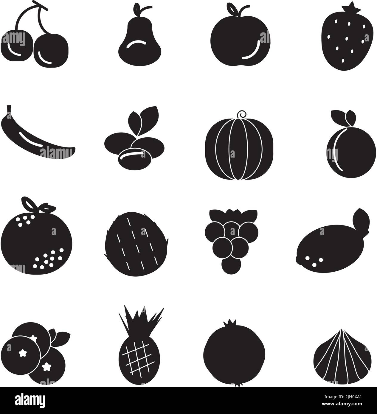 Schwarze Symbole auf weißem Hintergrund, isoliert. Vektorgrafik. Gesunde Ernährung Obst essen Konzept. Stock Vektor