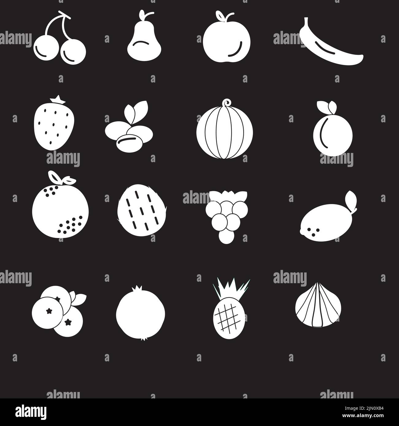 Symbole für Früchte auf schwarzem Hintergrund. Vektor skizzieren Obst Sammlung. Vektorgrafik. Gesunde Ernährung Konzept. Stock Vektor
