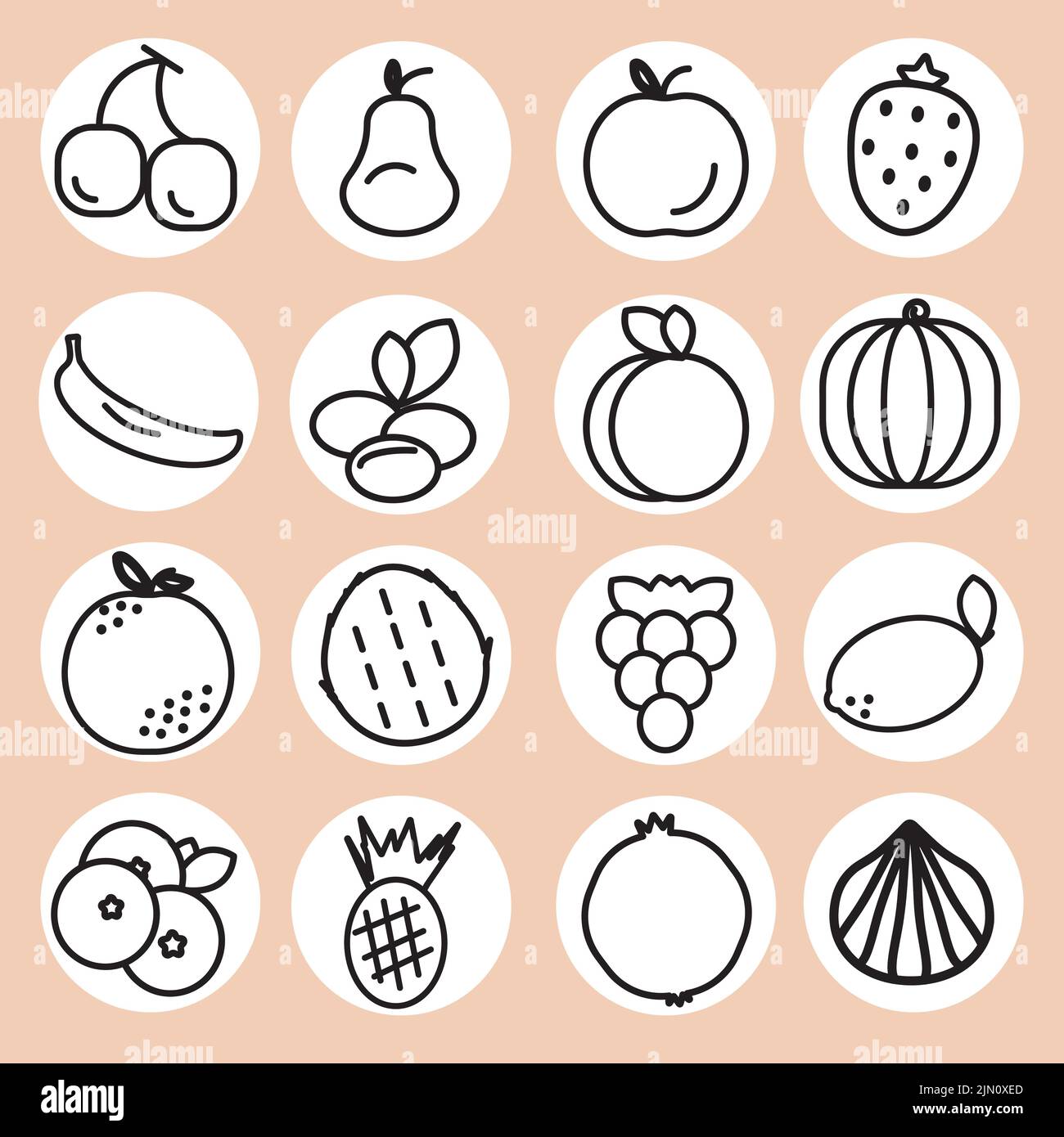Set aus sechzehn Fruchtsymbolen. Früchte schwarze Umrisse auf den weißen Aufklebern, beiger Hintergrund. Gesunde Ernährung Obst essen. Vektorgrafik. Stock Vektor