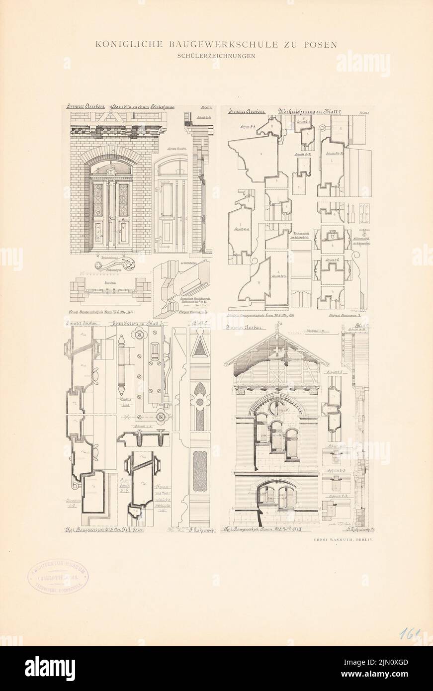 Neumann Richard, Innenausbau, Haustür (aus: königliche Ingenieurschule in Posen, Zeichnungen der Schüler) (1893-1894): Ansichten, Schnitte, Grundrisse, Details. Druck auf Karton, 47,5 x 31,8 cm (inklusive Scankanten) Neumann Richard : Innerer Ausbau, Haupt (aus: KGL. Baugewerkschule zu Posen, Schülerzeichnungen) Stockfoto