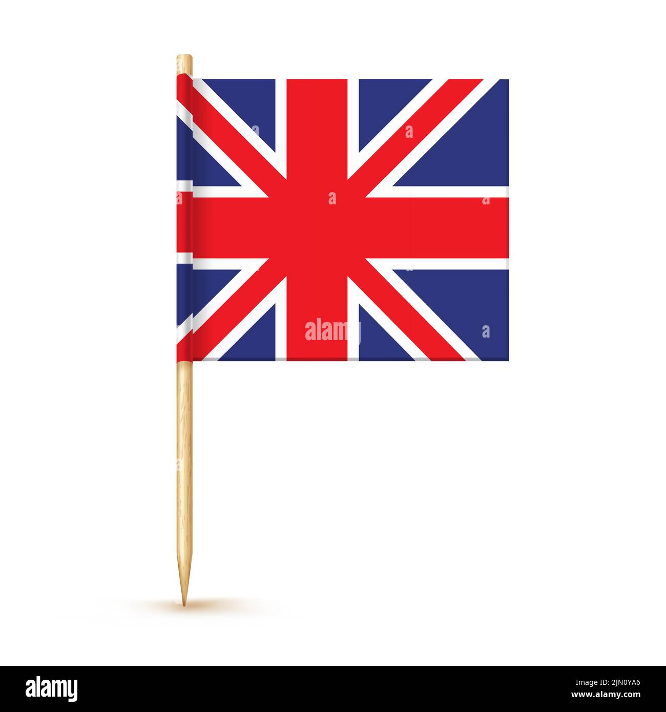 United Kindom Zahnstocherflagge isoliert auf Holzstab mit weißem Papier. Großbritannien realistische kleine Zahnstocher für das Mittagessen. Vektor-Cocktail-Dekoration Stock Vektor