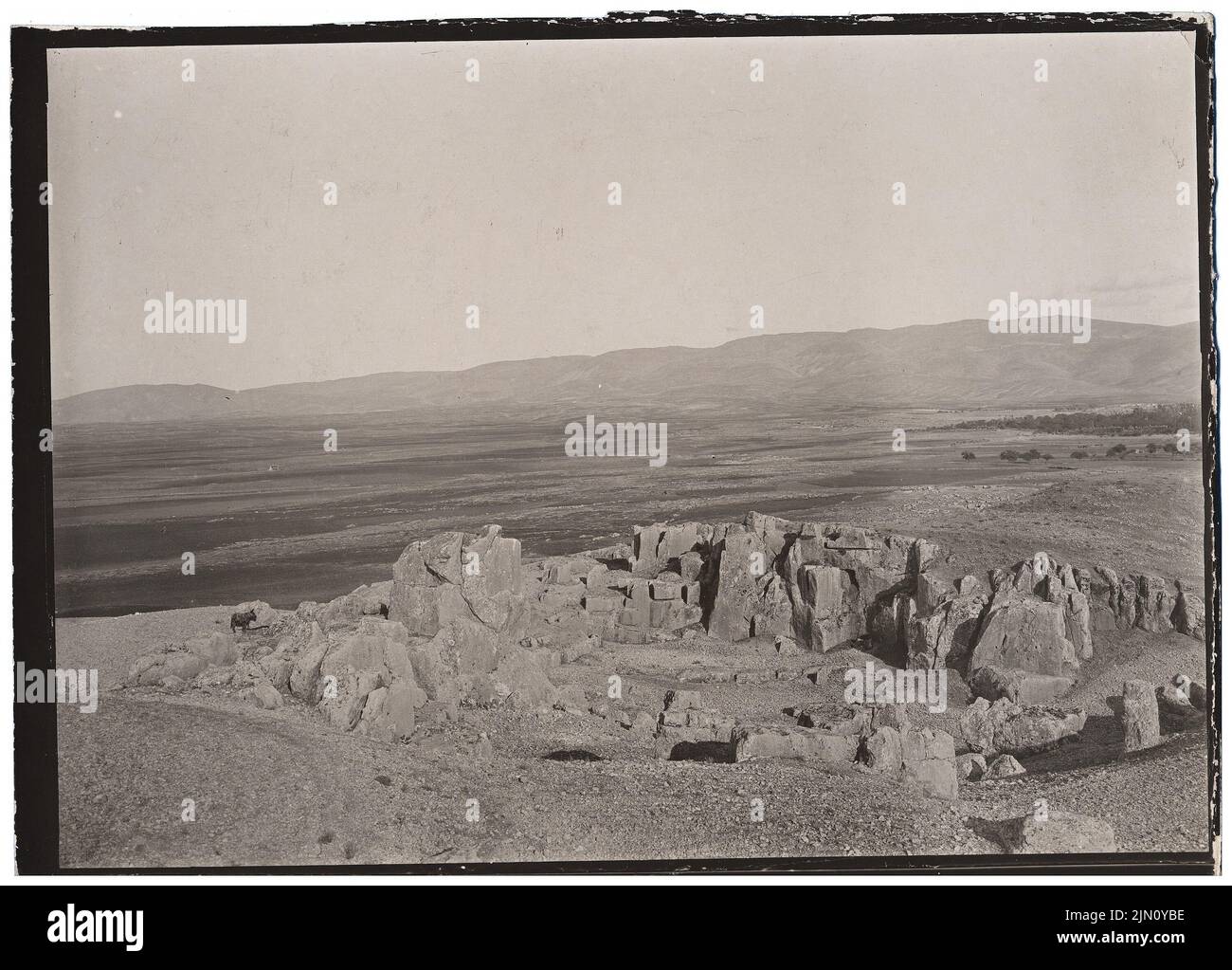 Unbekannter Fotograf, Ruinen in Baalbek (ohne Datum): Panoramabild, Teil a.. Foto, 13,3 x 18,5 cm (einschließlich Scankanten) unbekannt. Fotograf : Ruinen in Baalbek (ohne DAT.) Stockfoto