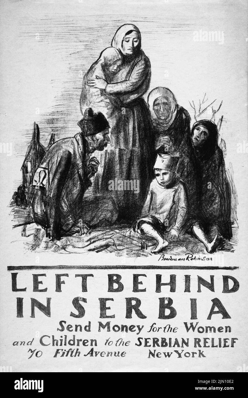 In Serbien zurückgelassen, Geld für Frauen und Kinder an die serbische Hilfe senden (1918) Plakat aus der Zeit des Ersten Weltkriegs von Boardman Robinson Stockfoto