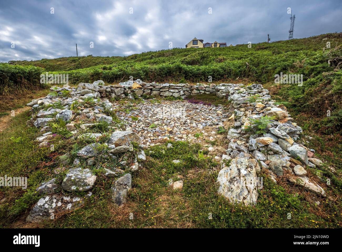 Die Überreste eines Hüttenkreises aus der Eisenzeit in der Nähe des Holyhead Mountain auf Holy Island, Anglesey, Nordwales Stockfoto
