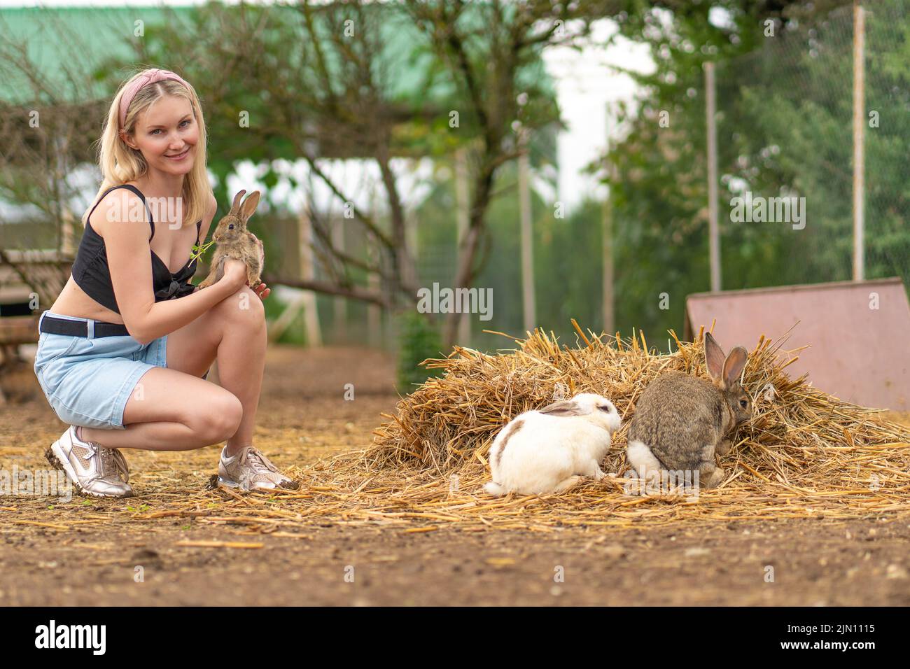 Mädchen braun Petersilie Kaninchen füttert osterhase weiß Hintergrund gesund, Konzept Gruppe Nagetier aus natürlichen und Sommerpelz, Ohr Augen. Wenig Gemüse, Stockfoto