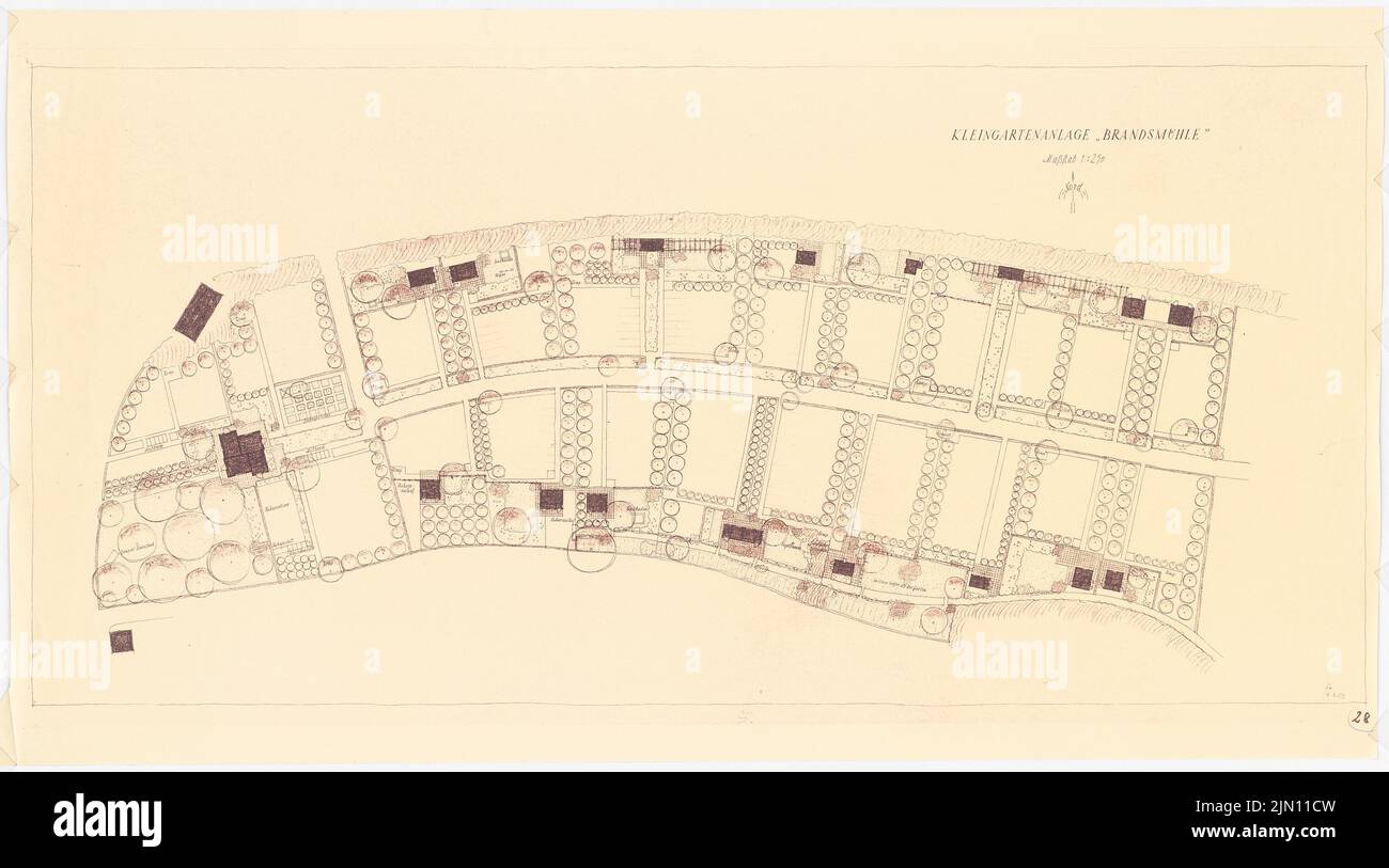 N.N., Schottergarten 'Brandsmühle', Essen (ohne Datum): Grundriß 1: 250. Hellbruchfarben, wasserfarben auf Papier, 59,8 x 107,5 cm (einschließlich Scankanten) N.N. : Kleingartenanlage »Brandsmühle«, Essen Stockfoto