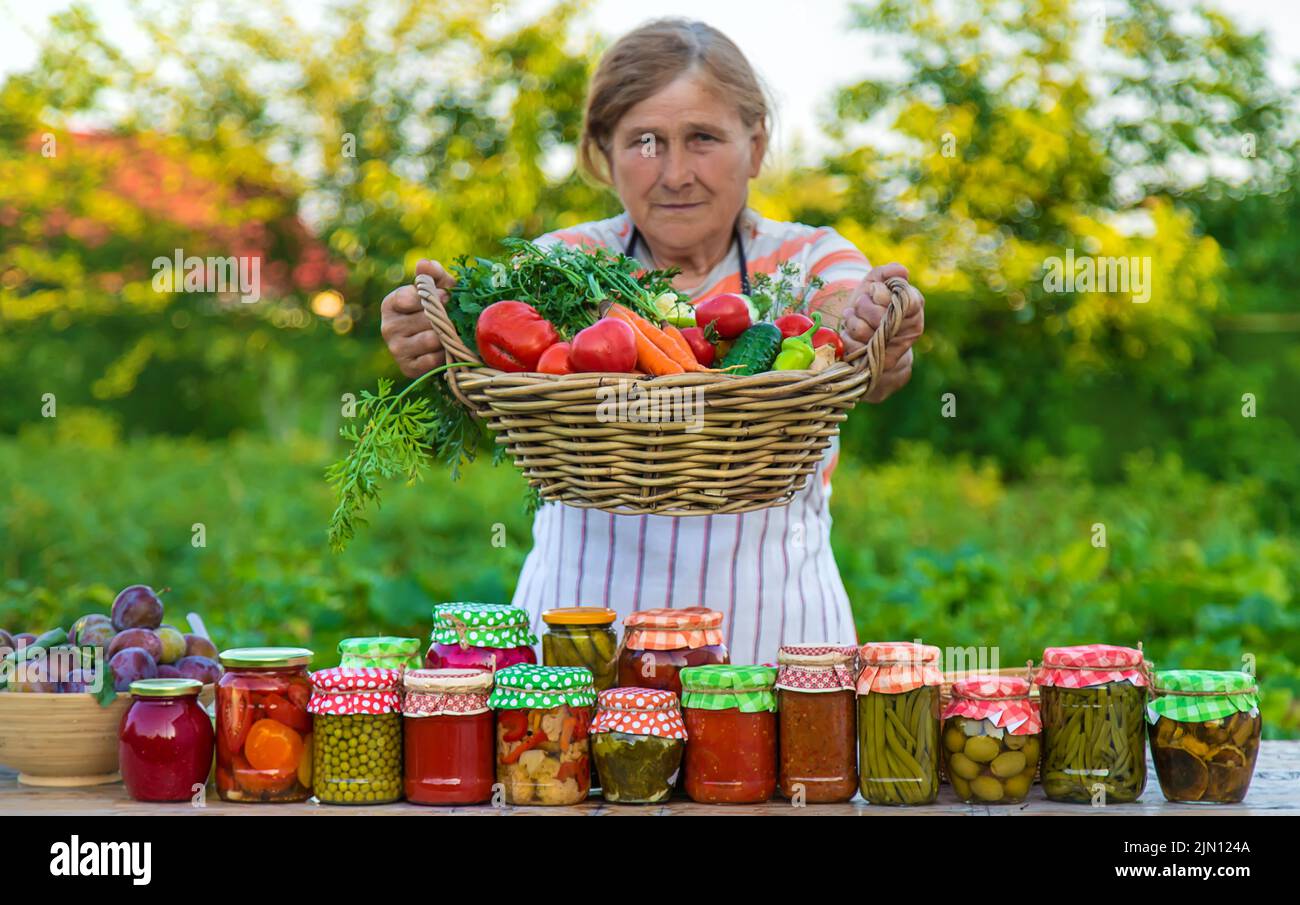 Ältere Frau, die Gemüse in Gläsern konservieren. Selektiver Fokus. Essen. Stockfoto