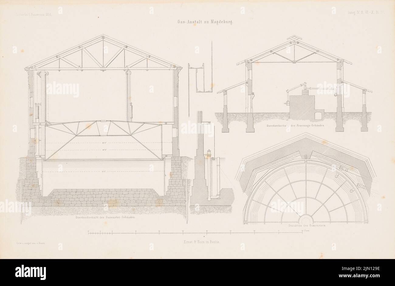 Von Unruh, Gasanstalt, Magdeburg. (Aus: Atlas zur Zeitschrift für Bauwesen, hrsg. v. G. Erbkam, Jg. 4, 1854.) (1854-1854): Grundriß, Cut Gasometer, Cut Verbrennungsgebäude. Stich auf Papier, 28,1 x 42,7 cm (inklusive Scan-Kanten) von Unruh : Gasanstalt, Magdeburg. (Aus: Atlas zur Zeitschrift für Bauwesen, hrsg. v. G. Erbkam, Jg. 4, 1854) Stockfoto