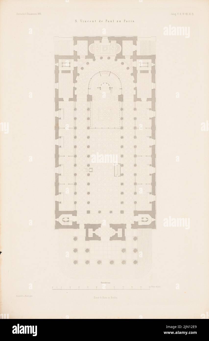 Borstell & Koch, St. Vincent de Paul, Paris. (Aus: Atlas zur Zeitschrift für Bauwesen, hrsg. v. G. Erbkam, Jg. 5, 1855.) (1855-1855): Grundriß. Stich auf Papier, 44,8 x 29,4 cm (inklusive Scan-Kanten) Borstell & Koch : St. Vincent de Paul, Paris. (Aus: Atlas zur Zeitschrift für Bauwesen, hrsg. v. G. Erbkam, Jg. 5, 1855) Stockfoto