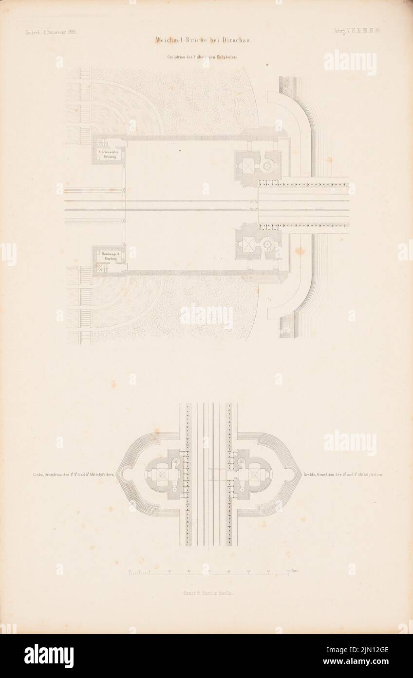 N.N., Weichselbrücke, Dirschau. (Aus: Atlas zur Zeitschrift für Bauwesen, hrsg. v. G. Erbkam, Jg. 5, 1855.) (1855-1855): Grundriss-Endsäulen und Mittelsäulen. Stich auf Papier, 45,2 x 29,5 cm (inklusive Scan-Kanten) Stüler Friedrich August (1800-1865): Weichselbrücke, Dirschau. (Aus: Atlas zur Zeitschrift für Bauwesen, hrsg. v. G. Erbkam, Jg. 5, 1855) Stockfoto