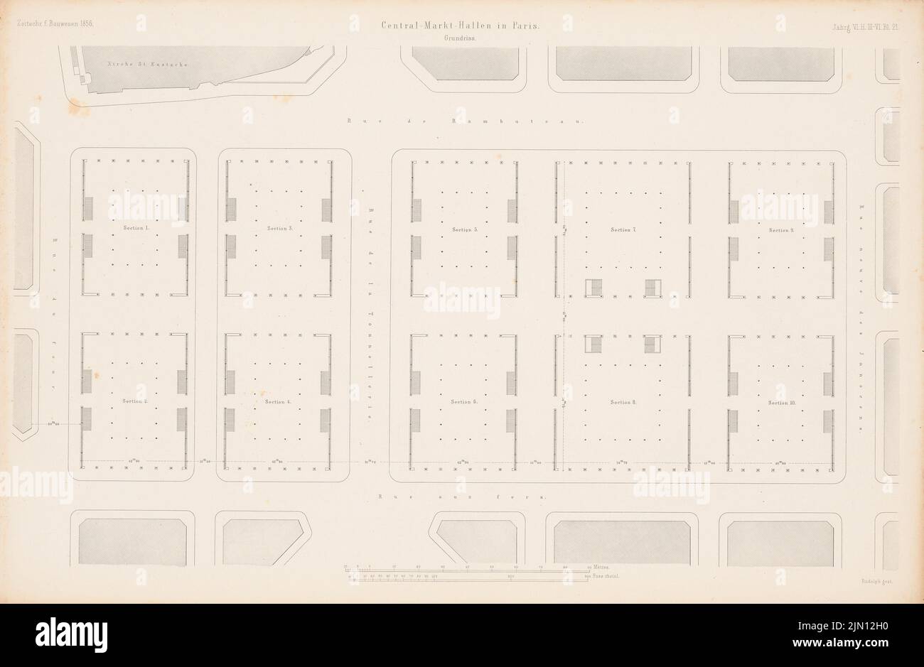 N.N., Central Markethallen, Paris. (Aus: Atlas zur Zeitschrift für Bauwesen, hrsg. v. G. Erbkam, Jg. 6, 1856.) (1856-1856): Grundriss. Stich auf Papier, 29,6 x 45,3 cm (inklusive Scankanten) Baltard Victor (1805-1874): Zentralmarkthallen, Paris. (Aus: Atlas zur Zeitschrift für Bauwesen, hrsg. v. G. Erbkam, Jg. 6, 1856) Stockfoto