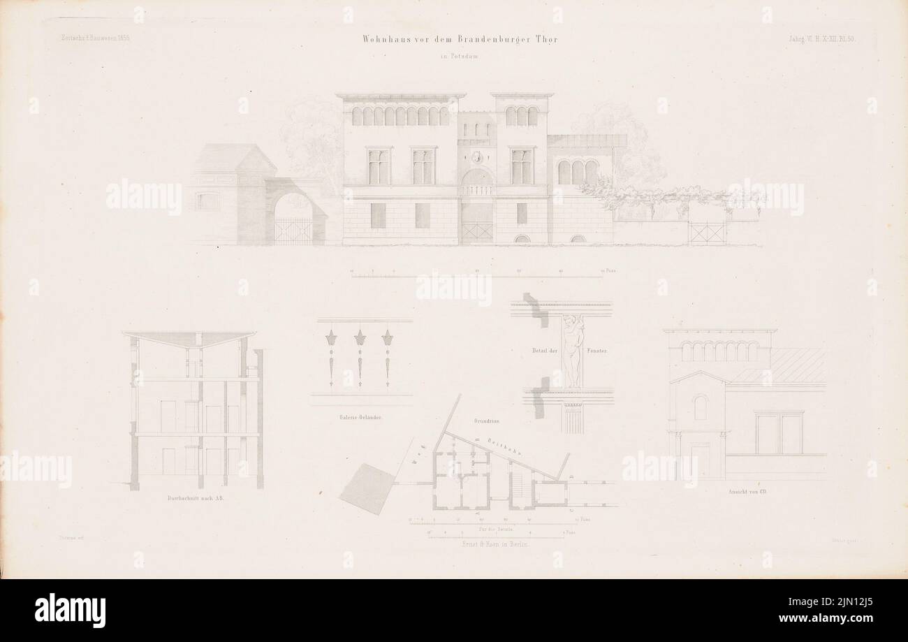 Persius Ludwig (1803-1845), Wohnhaus vor dem Brandenburger Tor, Berlin. (Aus: Atlas zur Zeitschrift für Bauwesen, hrsg. v. G. Erbkam, Jg. 6, 1856.) (1856-1856): Grundriß, Aussicht, Schnitt a b, Details. Stich auf Papier, 28,9 x 45,3 cm (inklusive Scan-Kanten) Persius Ludwig (1803-1845): Wohnhaus vor dem Brandenburger Tor, Potsdam. (Aus: Atlas zur Zeitschrift für Bauwesen, hrsg. v. G. Erbkam, Jg. 6, 1856) Stockfoto