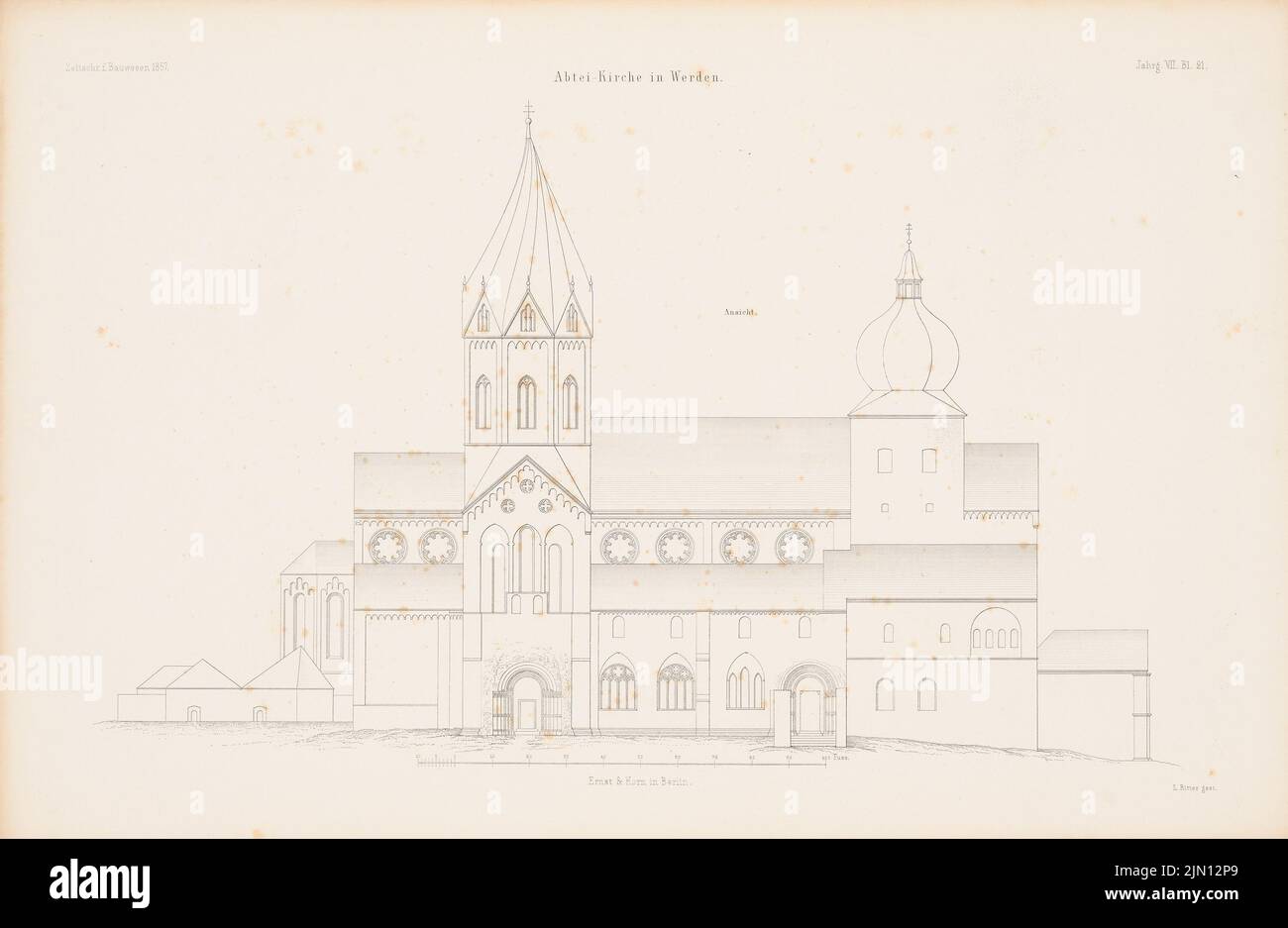 N.N., Abteikirche, Essen-Werden. (Aus: Atlas zur Zeitschrift für Bauwesen, hrsg. v. G. Erbkam, Jg. 7, 1857.) (1857-1857): Ansicht. Stich auf Papier, 29,4 x 45,1 cm (einschließlich Scankanten) N.N. : Abteikirche, Essen-Werden. (Aus: Atlas zur Zeitschrift für Bauwesen, hrsg. v. G. Erbkam, Jg. 7, 1857) Stockfoto