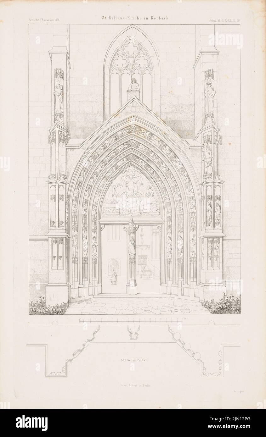 N.N., St.-Kilians-Kirche, Korbach. (Aus: Atlas zur Zeitschrift für Bauwesen, hrsg. v. G. Erbkam, Jg. 6, 1856.) (1856-1856): Ansicht Südportal, Fassade horizontal geschnitten. Stich auf Papier, 45,1 x 29,3 cm (einschließlich Scankanten) N.N. : St. Kilians-Kirche, Korbach. (Aus: Atlas zur Zeitschrift für Bauwesen, hrsg. v. G. Erbkam, Jg. 6, 1856) Stockfoto