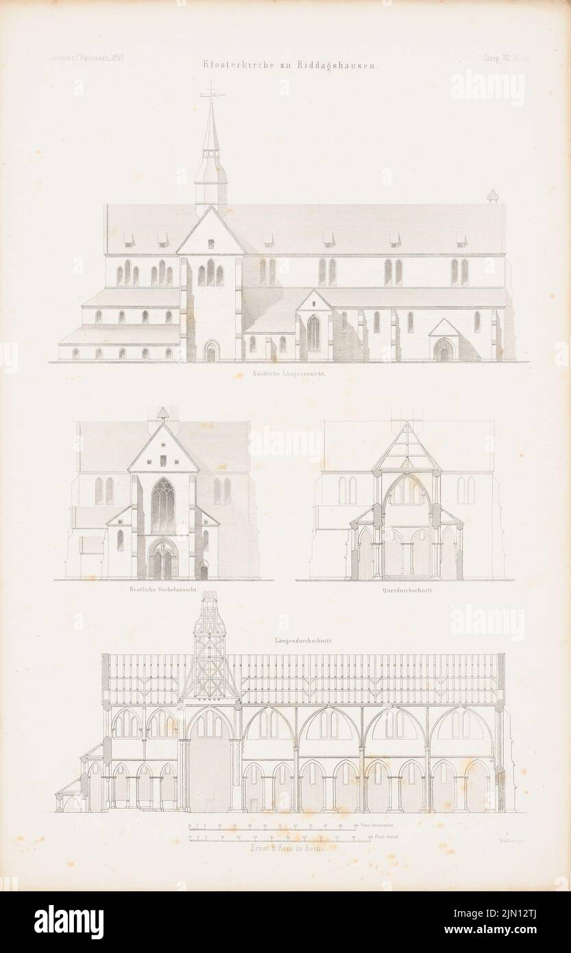 N.N., Klosterkirche, Riddagshausen. (Aus: Atlas zur Zeitschrift für Bauwesen, hrsg. v. G. Erbkam, Jg. 7, 1857.) (1857-1857): Ansicht von der Längsseite, Ansicht von der Giebel-Seite, Längsschnitt, Querschnitt. Stich auf Papier, 45,8 x 29,3 cm (einschließlich Scankanten) N.N. : Klosterkirche, Riddagshausen. (Aus: Atlas zur Zeitschrift für Bauwesen, hrsg. v. G. Erbkam, Jg. 7, 1857) Stockfoto