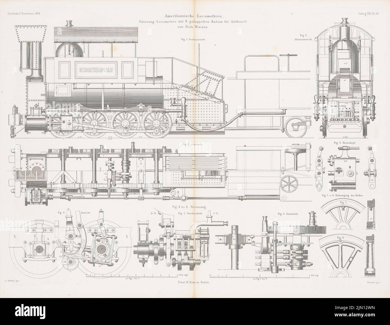 Bendel A., amerikanische Lokomotiven. (Aus: Atlas zur Zeitschrift für Bauwesen, hrsg. v. G. Erbkam, Jg. 12, 1862.) (1862-1862): Grundriß, Seitenansicht, Blick von hinten, Schnitte, Details. Stich auf Papier, 45,3 x 59,2 cm (inklusive Scankanten) Bendel A. : amerikanische Lokomotiven. (Aus: Atlas zur Zeitschrift für Bauwesen, hrsg. v. G. Erbkam, Jg. 12, 1862) Stockfoto