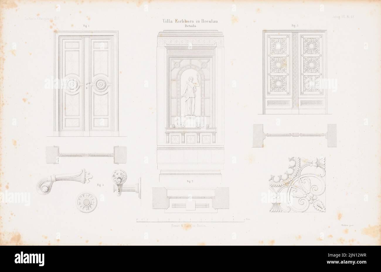 N.N., Villa Eichborn, Breslau. (Aus: Atlas zur Zeitschrift für Bauwesen, hrsg. v. G. Erbkam, Jg. 7, 1857.) (1857-1857): Details. Stich auf Papier, 29,3 x 45,3 cm (inklusive Scankanten) Waesemann Hermann Friedrich (1813-1879): Villa Eichborn, Breslau. (Aus: Atlas zur Zeitschrift für Bauwesen, hrsg. v. G. Erbkam, Jg. 7, 1857) Stockfoto