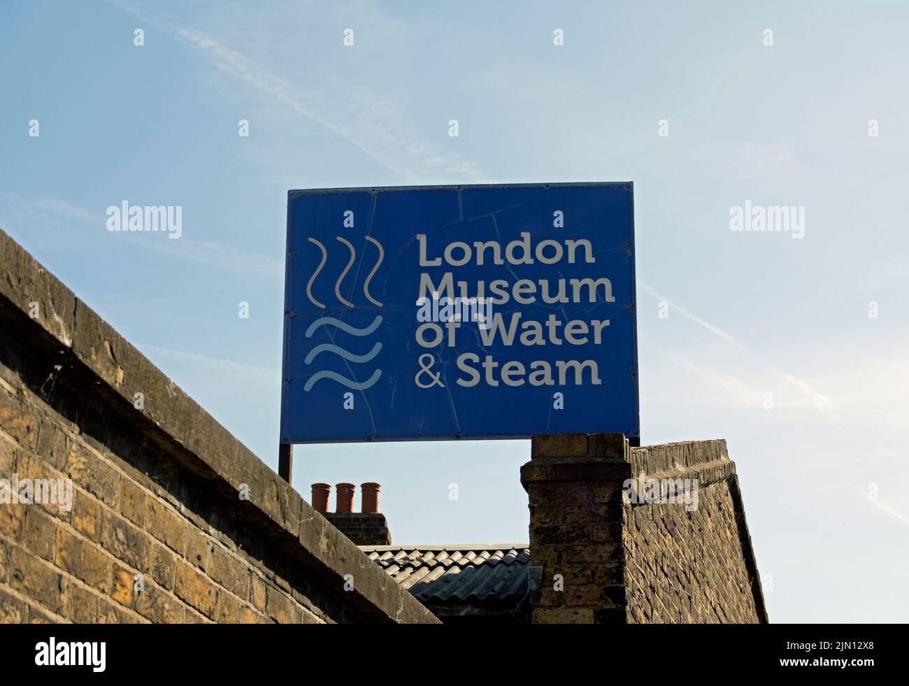 schild für das londoner Wasser- und Dampfmuseum auf der Außenseite des Museums in brentford, england Stockfoto