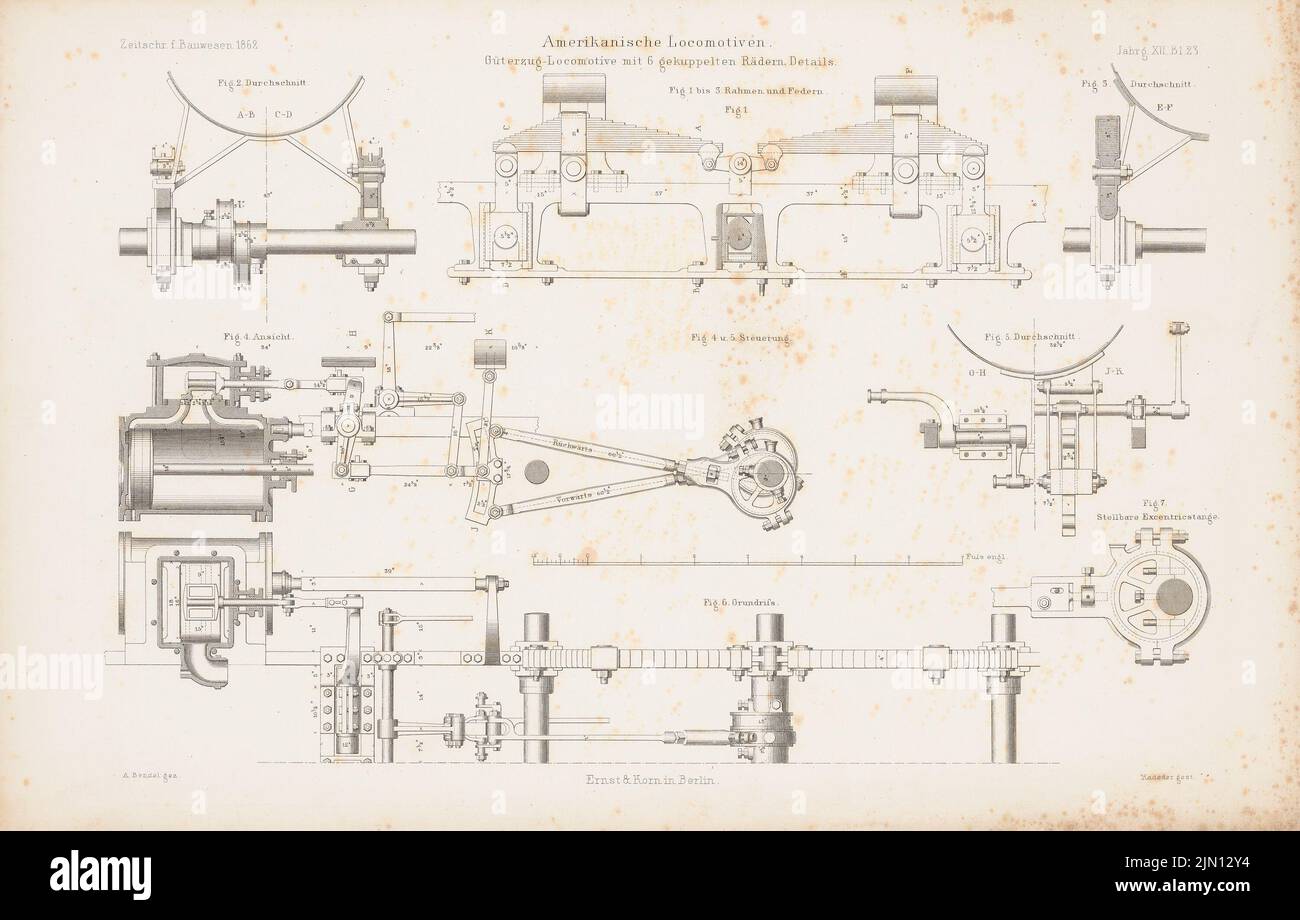 Bendel A., amerikanische Lokomotiven. (Aus: Atlas zur Zeitschrift für Bauwesen, hrsg. v. G. Erbkam, Jg. 12, 1862.) (1862-1862): Details. Stich auf Papier, 28,9 x 45,2 cm (inklusive Scankanten) Bendel A. : amerikanische Lokomotiven. (Aus: Atlas zur Zeitschrift für Bauwesen, hrsg. v. G. Erbkam, Jg. 12, 1862) Stockfoto