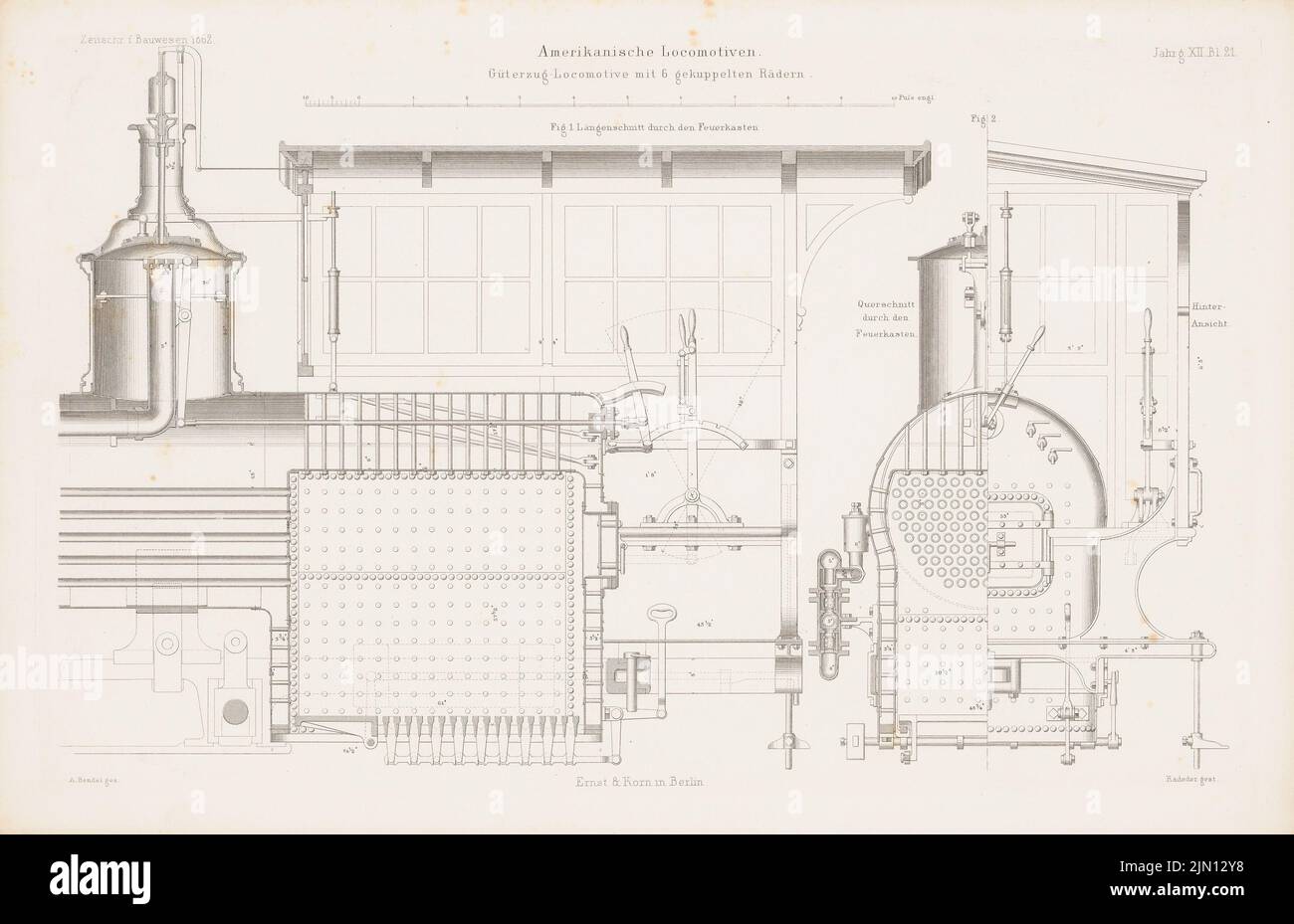 Bendel A., amerikanische Lokomotiven. (Aus: Atlas zur Zeitschrift für Bauwesen, hrsg. v. G. Erbkam, Jg. 12, 1862.) (1862-1862): Längs geschnittener, quergeschnittener Feuerwehrkasten. Stich auf Papier, 29,2 x 45,2 cm (inklusive Scankanten) Bendel A. : amerikanische Lokomotiven. (Aus: Atlas zur Zeitschrift für Bauwesen, hrsg. v. G. Erbkam, Jg. 12, 1862) Stockfoto