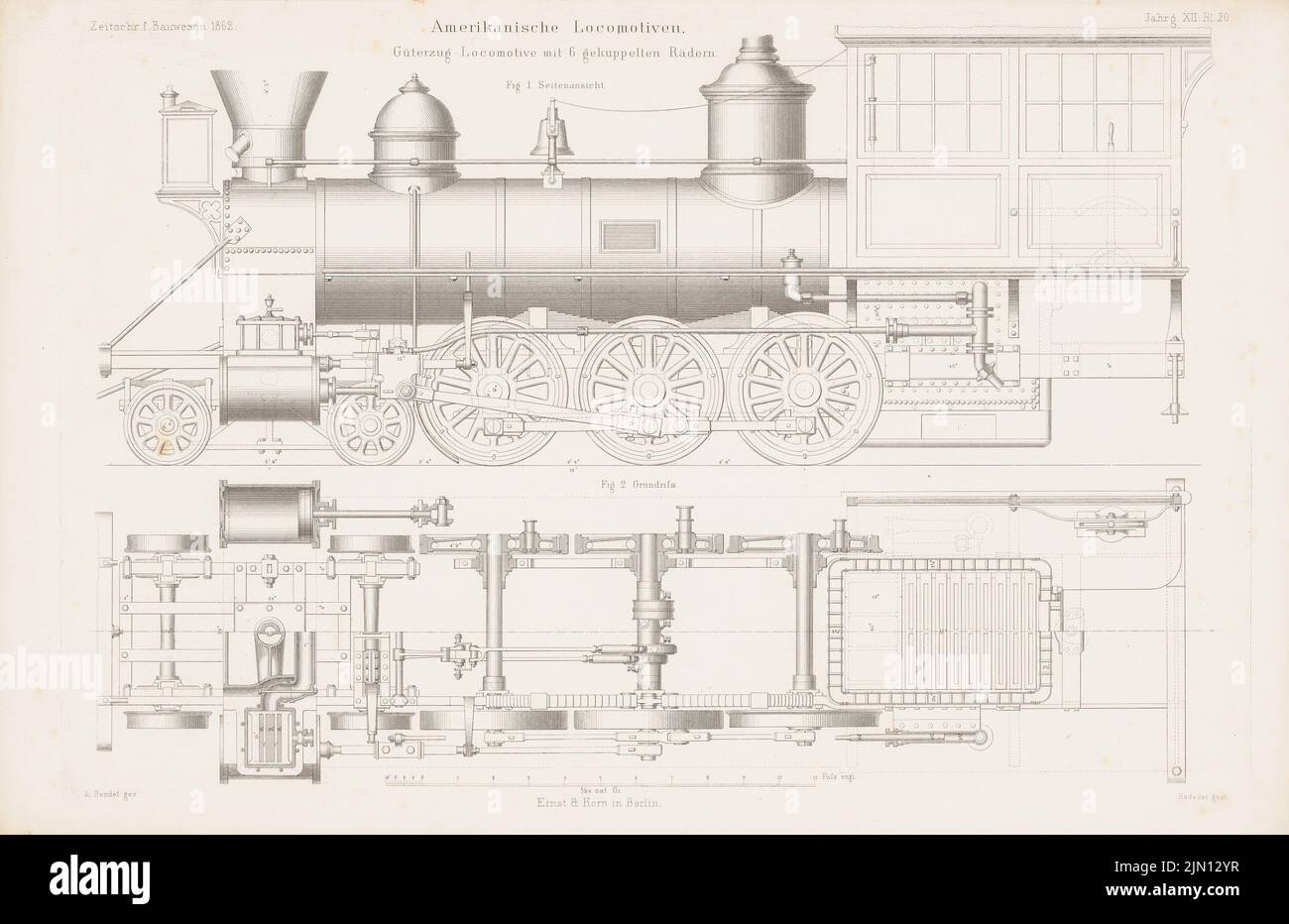 Bendel A., amerikanische Lokomotiven. (Aus: Atlas zur Zeitschrift für Bauwesen, hrsg. v. G. Erbkam, Jg. 12, 1862.) (1862-1862): Grundriß, Seitenansicht. Stich auf Papier, 29,2 x 45 cm (inklusive Scankanten) Bendel A. : amerikanische Lokomotiven. (Aus: Atlas zur Zeitschrift für Bauwesen, hrsg. v. G. Erbkam, Jg. 12, 1862) Stockfoto