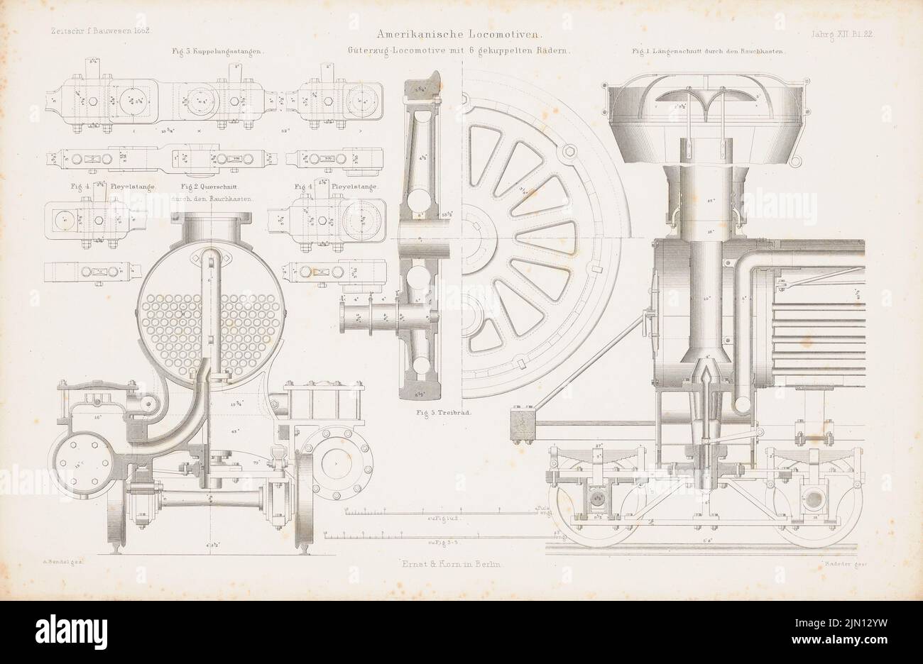 Bendel A., amerikanische Lokomotiven. (Aus: Atlas zur Zeitschrift für Bauwesen, hrsg. v. G. Erbkam, Jg. 12, 1862.) (1862-1862): Längsschnitt, Querschnitt, Details Feuerwehrkasten. Stich auf Papier, 29,5 x 45,3 cm (inklusive Scankanten) Bendel A. : amerikanische Lokomotiven. (Aus: Atlas zur Zeitschrift für Bauwesen, hrsg. v. G. Erbkam, Jg. 12, 1862) Stockfoto