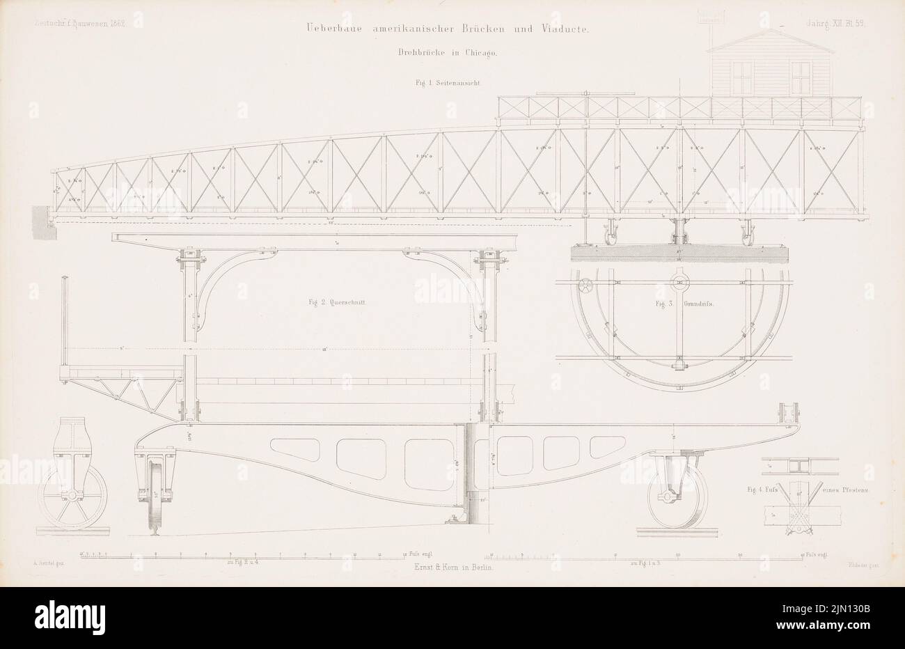 Bendel A., Überbau amerikanischer Brücken und Viadukte. (Aus: Atlas zur Zeitschrift für Bauwesen, hrsg. v. G. Erbkam, Jg. 12, 1862.) (1862-1862): Grundriß, Seitenansicht, Querschnitt. Stich auf Papier, 29,4 x 45,4 cm (inklusive Scankanten) Bendel A. : Überbaue amerikanischer Brücken und Viadukte. (Aus: Atlas zur Zeitschrift für Bauwesen, hrsg. v. G. Erbkam, Jg. 12, 1862) Stockfoto