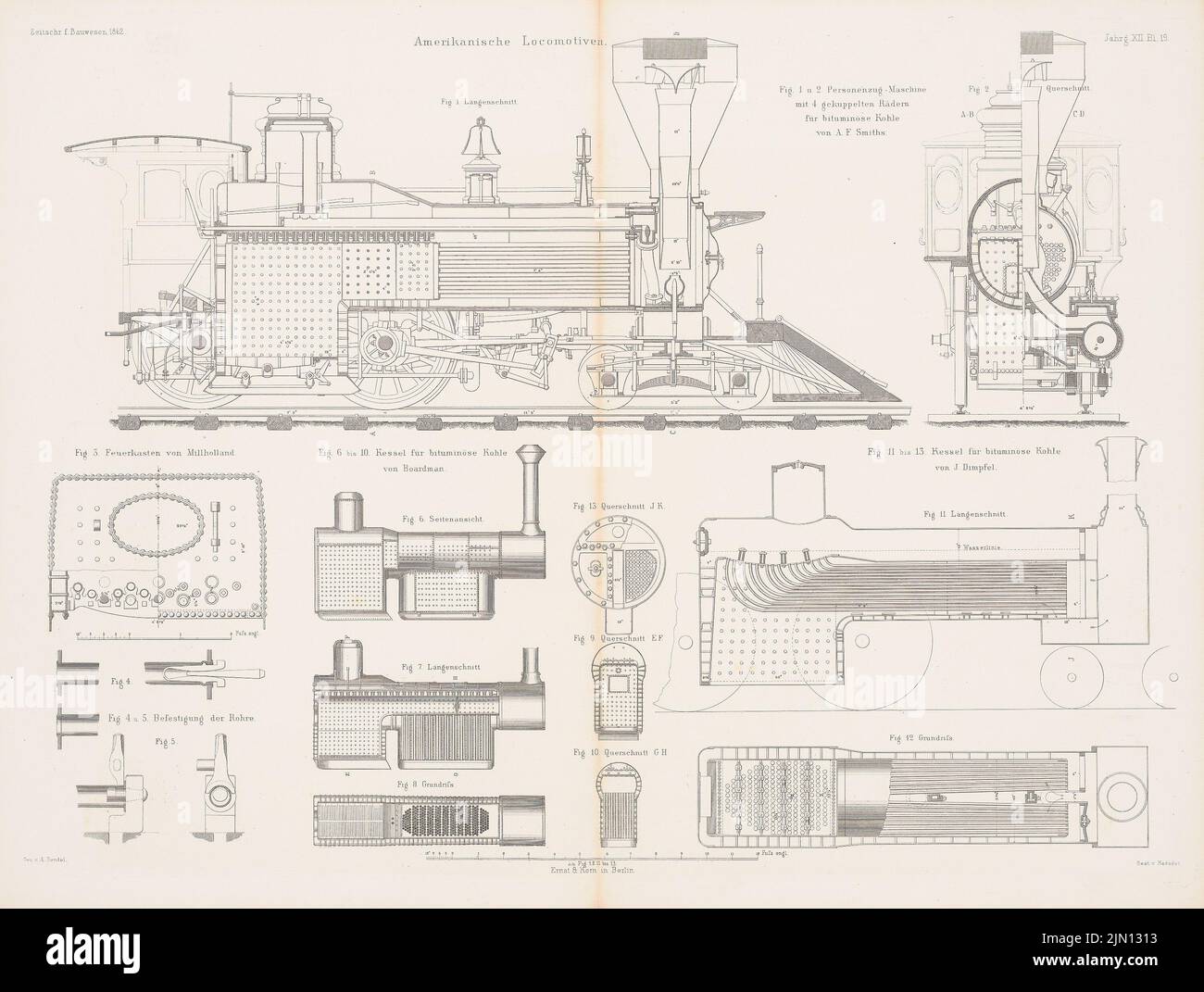 Bendel A., amerikanische Lokomotiven. (Aus: Atlas zur Zeitschrift für Bauwesen, hrsg. v. G. Erbkam, Jg. 12, 1862.) (1862-1862): Grundriß, Längsschnitte, Querschnitt, Details. Stich auf Papier, 44,8 x 59,3 cm (inklusive Scankanten) Bendel A. : amerikanische Lokomotiven. (Aus: Atlas zur Zeitschrift für Bauwesen, hrsg. v. G. Erbkam, Jg. 12, 1862) Stockfoto