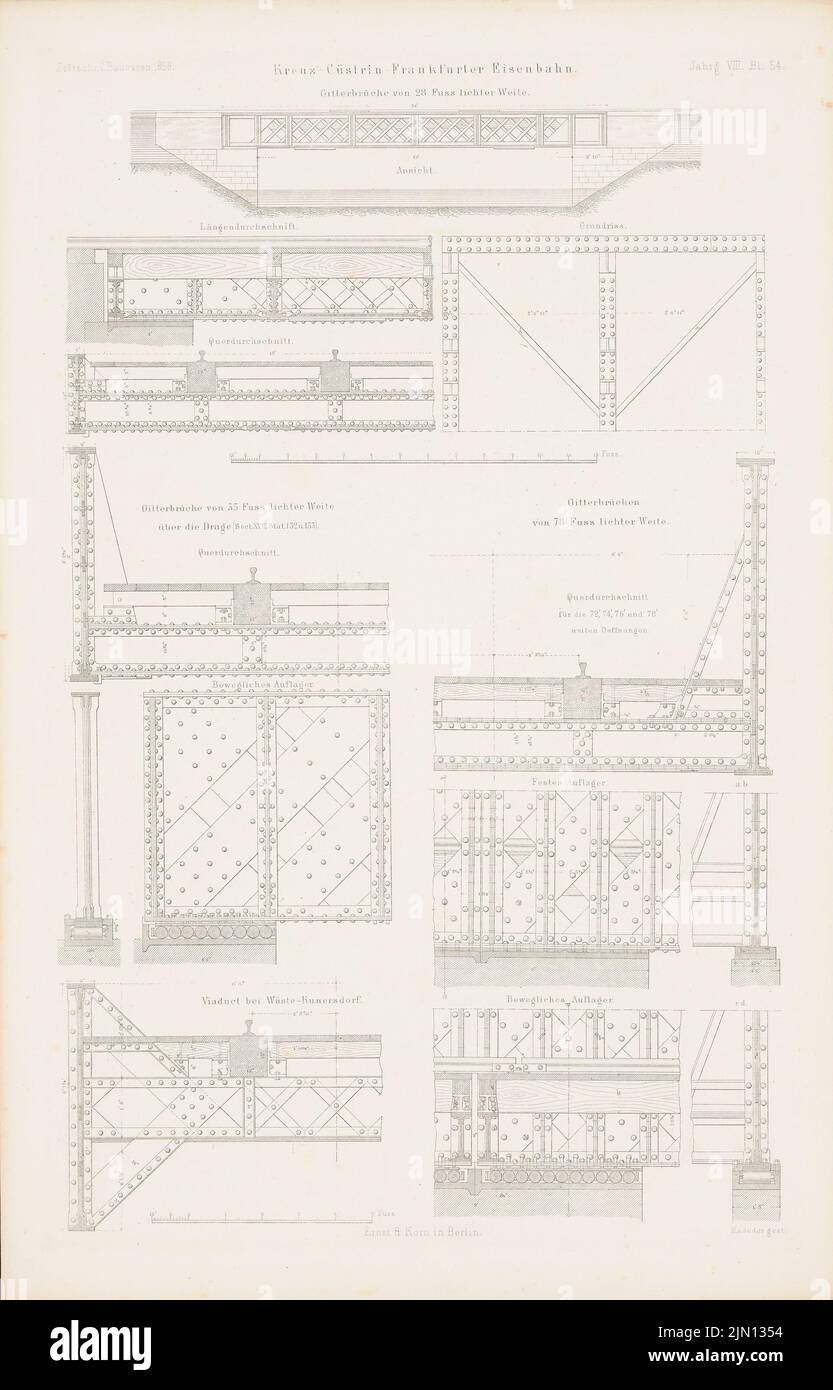 N.N., Kreuz-Küstrin-Frankfurter Bahn. (Aus: Atlas zur Zeitschrift für Bauwesen, hrsg. v. G. Erbkam, Jg. 8, 1858.) (1858-1858): Details. Stich auf Papier, 45,5 x 29,2 cm (einschließlich Scankanten) N.N. : Kreuz-Küstrin-Frankfurter Eisenbahn. (Aus: Atlas zur Zeitschrift für Bauwesen, hrsg. v. G. Erbkam, Jg. 8, 1858) Stockfoto