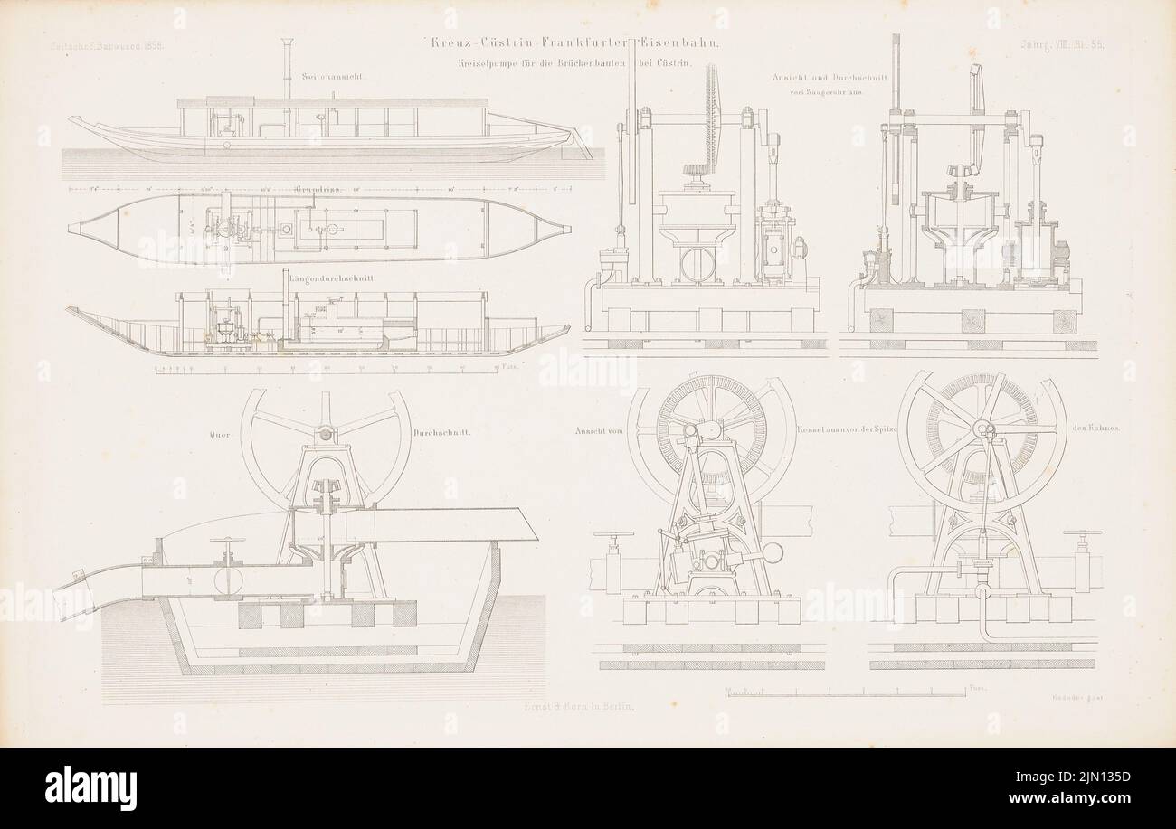 N.N., Kreuz-Küstrin-Frankfurter Bahn. (Aus: Atlas zur Zeitschrift für Bauwesen, hrsg. v. G. Erbkam, Jg. 8, 1858.) (1858-1858): Details Brückengebäude bei Küstrin. Stich auf Papier, 28,8 x 45,3 cm (einschließlich Scankanten) N.N. : Kreuz-Küstrin-Frankfurter Eisenbahn. (Aus: Atlas zur Zeitschrift für Bauwesen, hrsg. v. G. Erbkam, Jg. 8, 1858) Stockfoto