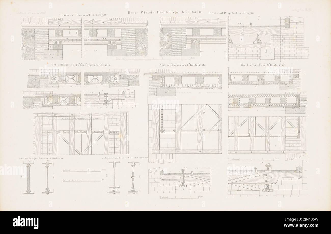 N.N., Kreuz-Küstrin-Frankfurter Bahn. (Aus: Atlas zur Zeitschrift für Bauwesen, hrsg. v. G. Erbkam, Jg. 8, 1858.) (1858-1858): Details. Stich auf Papier, 29 x 45,4 cm (einschließlich Scankanten) N.N. : Kreuz-Küstrin-Frankfurter Eisenbahn. (Aus: Atlas zur Zeitschrift für Bauwesen, hrsg. v. G. Erbkam, Jg. 8, 1858) Stockfoto