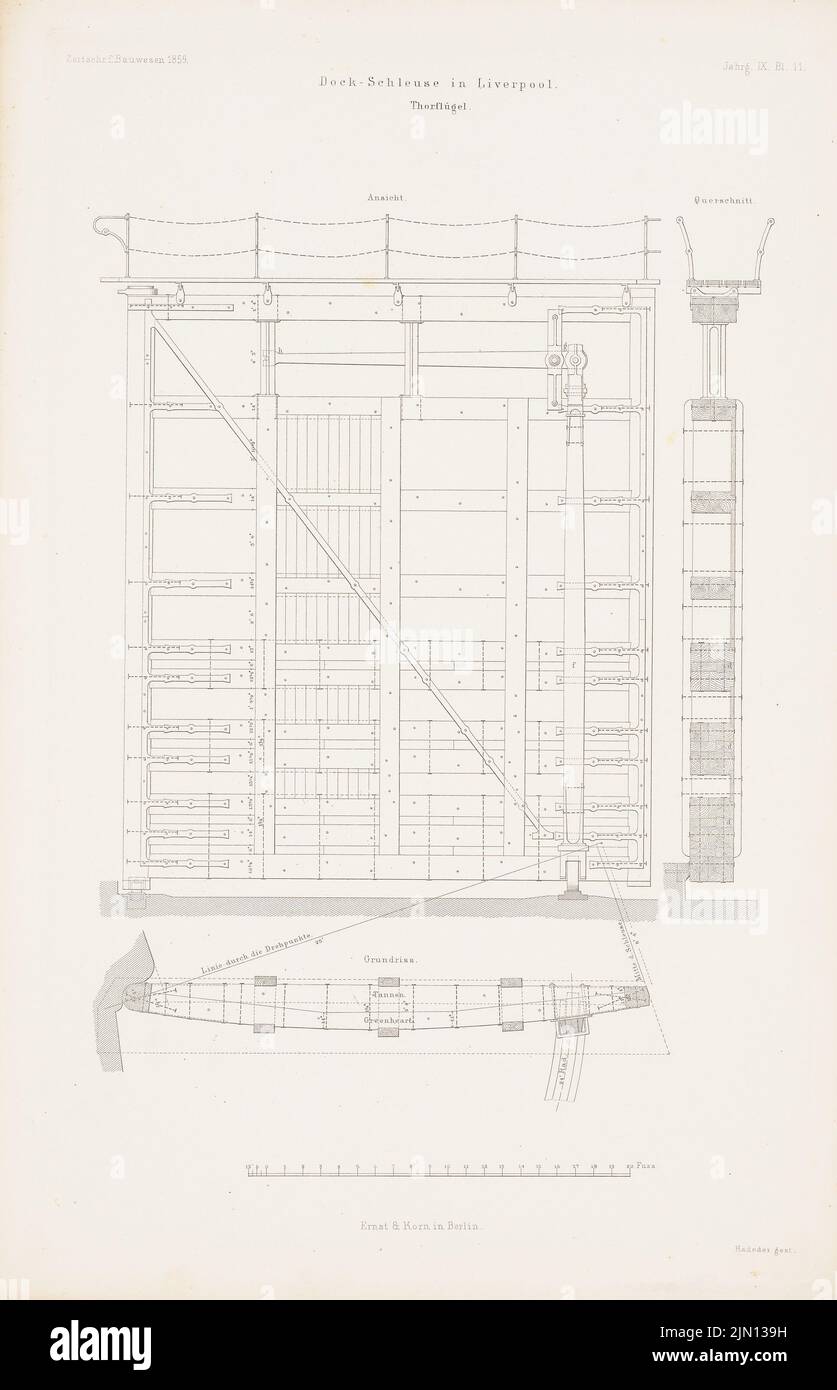 N.N., Hafenanlagen in Liverpool und Birkenhead. (Aus: Atlas zur Zeitschrift für Bauwesen, hrsg. v. G. Erbkam, Jg. 9, 1859.) (1859-1859): Grundriß, Blick Schleusentor Liverpool. Stich auf Papier, 44,7 x 28,8 cm (einschließlich Scankanten) N.N. : Dockanlagen, Liverpool und Birkenhead. (Aus: Atlas zur Zeitschrift für Bauwesen, hrsg. v. G. Erbkam, Jg. 9, 1859) Stockfoto