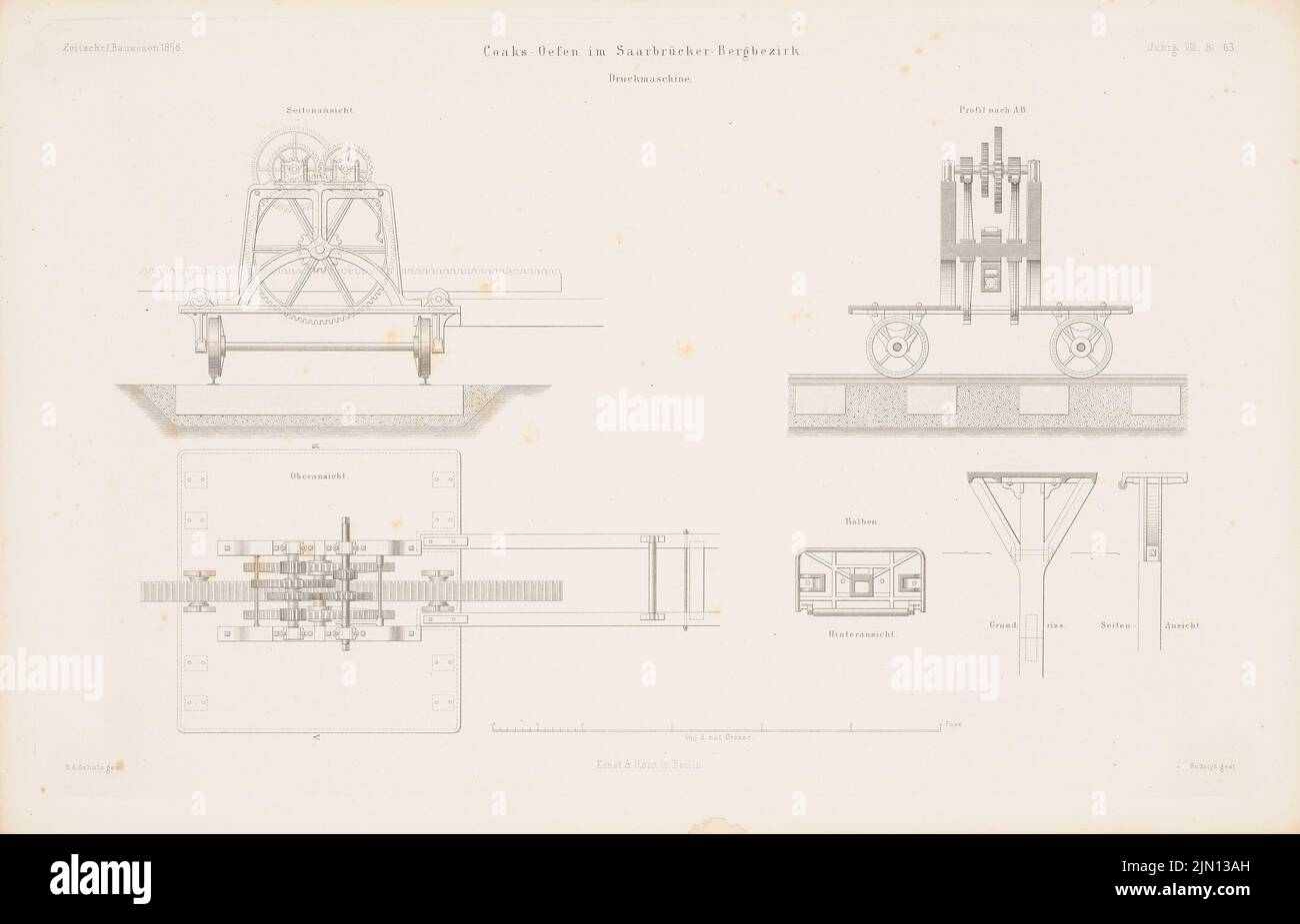 Schultz Hans, Koksöfen, Saarbrücken. (Aus: Atlas zur Zeitschrift für Bauwesen, hrsg. v. G. Erbkam, Jg. 8, 1858.) (1858-1858): Grundrisse, Ansichten, Detaildruckmaschinen. Stich auf Papier, 28,9 x 45 cm (inklusive Scan-Kanten) Schultz Hans : Koksöfen, Saarbrücken. (Aus: Atlas zur Zeitschrift für Bauwesen, hrsg. v. G. Erbkam, Jg. 8, 1858) Stockfoto