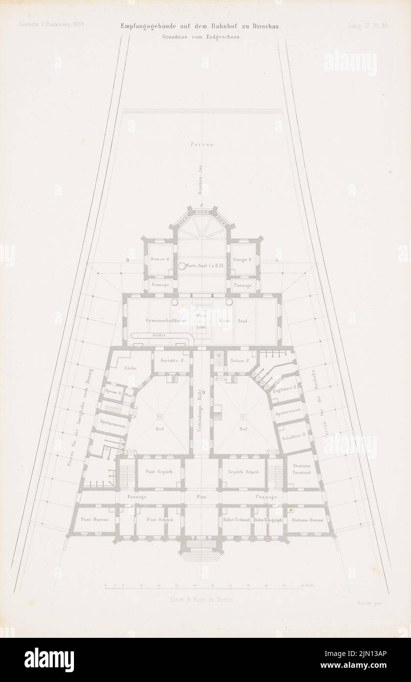 N.N., Empfangsgebäude am Bahnhof, Dirschau. (Aus: Atlas zur Zeitschrift für Bauwesen, hrsg. v. G. Erbkam, Jg. 9, 1859.) (1859-1859): Grundriß. Stich auf Papier, 45,3 x 29,3 cm (einschließlich Scankanten) N.N. : Empfangsgebäude auf dem Bahnhof, Dirschau. (Aus: Atlas zur Zeitschrift für Bauwesen, hrsg. v. G. Erbkam, Jg. 9, 1859) Stockfoto