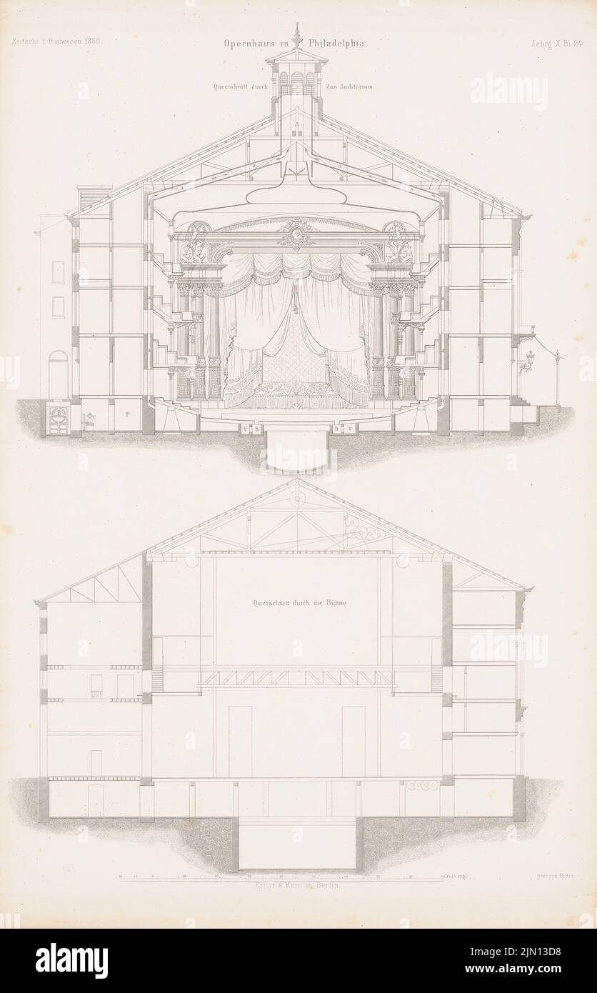 N.N., Opera House, Philadelphia. (Aus: Atlas zur Zeitschrift für Bauwesen, hrsg. v. G. Erbkam, Jg. 10, 1860.) (1860-1860): Querschnitte durch Zuschauerraum und Bühne. Stich auf Papier, 45,1 x 29 cm (einschließlich Scankanten) N.N. : Opernhaus, Philadelphia. (Aus: Atlas zur Zeitschrift für Bauwesen, hrsg. v. G. Erbkam, Jg. 10, 1860) Stockfoto