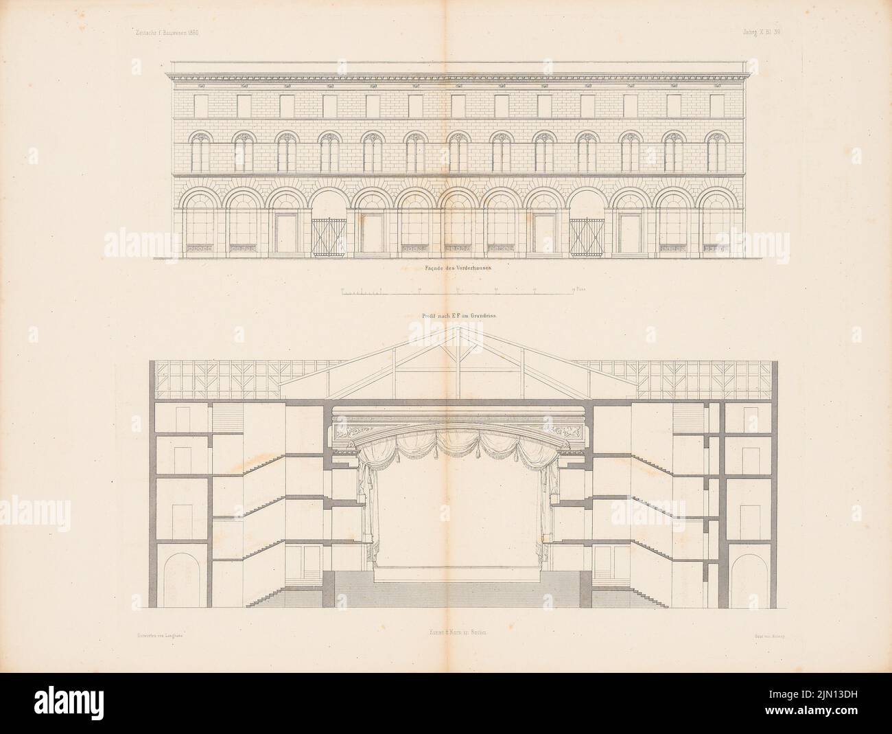 Langhans Carl Ferdinand (1782-1869), Victoria-Theater, Berlin. (Aus: Atlas zur Zeitschrift für Bauwesen, hrsg. v. G. Erbkam, Jg. 10, 1860.) (1860-1860): Vorderansicht, E-F.-Stich auf Papier, 44,8 x 59,4 cm (inklusive Scankanten) Langhans Carl Ferdinand (1782-1869): Victoria-Theater, Berlin. (Aus: Atlas zur Zeitschrift für Bauwesen, hrsg. v. G. Erbkam, Jg. 10, 1860) Stockfoto
