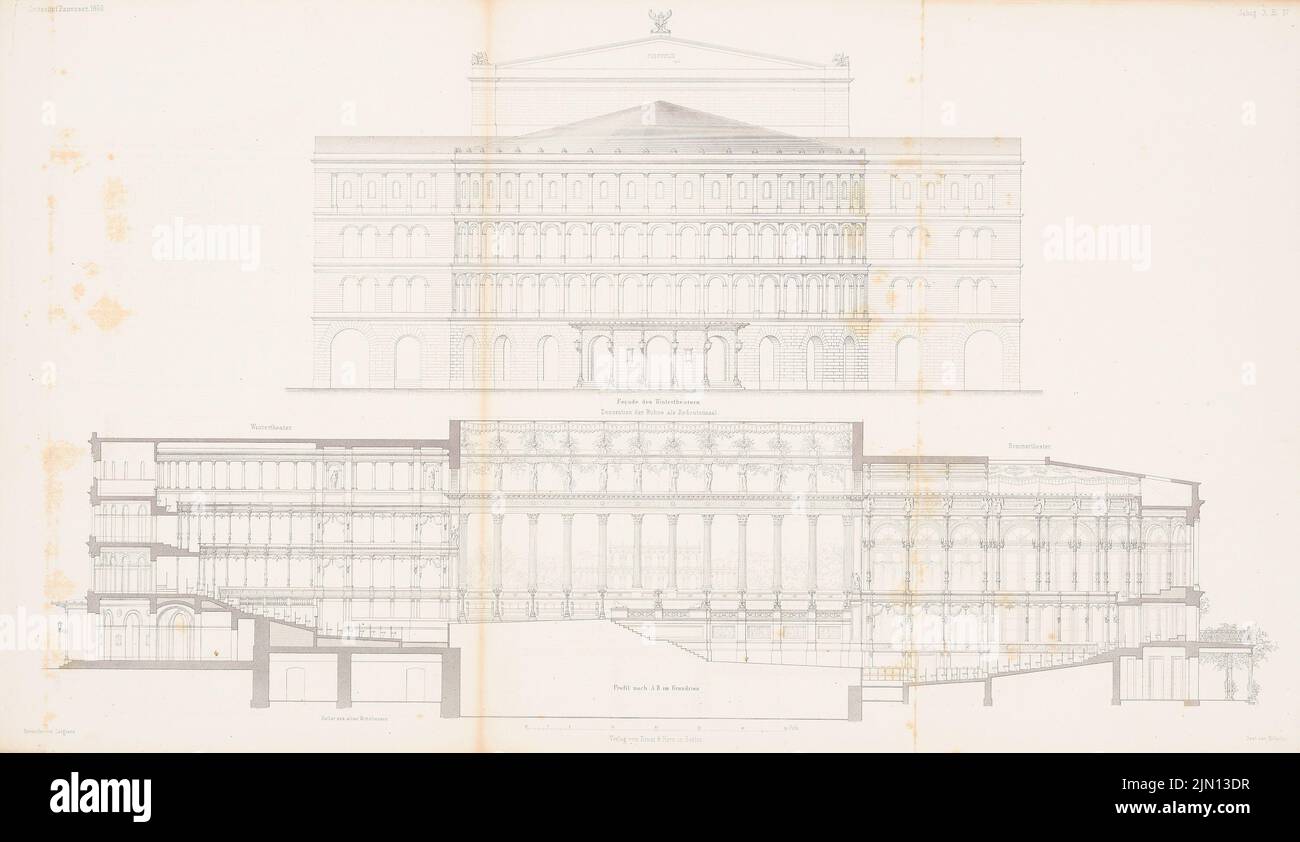 Langhans Carl Ferdinand (1782-1869), Victoria-Theater, Berlin. (Aus: Atlas zur Zeitschrift für Bauen, hrsg. v. G. Erbkam, geb. 10, 1860): Wintertheater ansehen, abgeschnitten. Stich auf Papier, 44,6 x 77,1 cm (einschließlich Scankante). Architekturmuseum der Technischen Universität Berlin Inv. Nr. ZFB 10,037. Langhans Carl Ferdinand (1782-1869): Victoria-Theater, Berlin. (Aus: Atlas zur Zeitschrift für Bauwesen, hrsg. v. G. Erbkam, Jg. 10, 1860) Stockfoto
