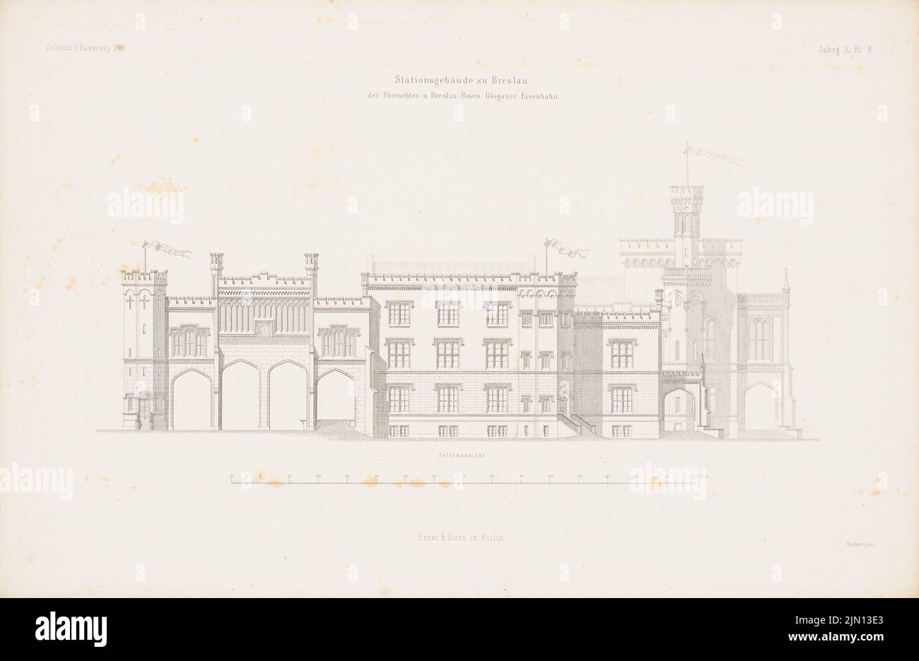 N.N., Bahnhofsgebäude, Breslau. (Aus: Atlas zur Zeitschrift für Bauwesen, hrsg. v. G. Erbkam, Jg. 10, 1860.) (1860-1860): Seitenansicht. Stich auf Papier, 29,5 x 45,3 cm (inklusive Scan-Kanten) Grapow Wilhelm : Stationsgebäude, Breslau. (Aus: Atlas zur Zeitschrift für Bauwesen, hrsg. v. G. Erbkam, Jg. 10, 1860) Stockfoto