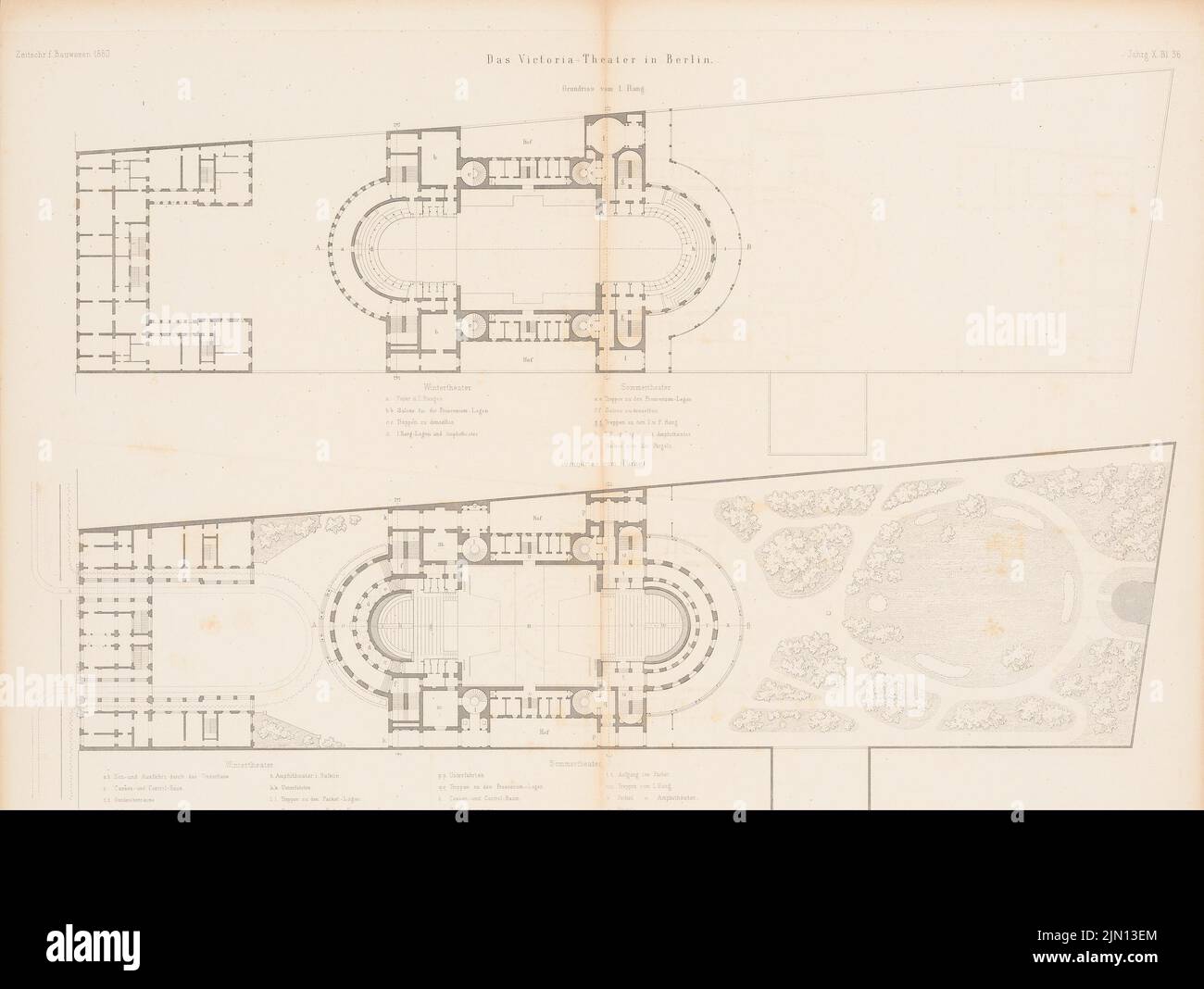 Langhans Carl Ferdinand (1782-1869), Victoria-Theater, Berlin. (Aus: Atlas zur Zeitschrift für Bauwesen, hrsg. v. G. Erbkam, Jg. 10, 1860.) (1860-1860): Grundriß-Parkett, 1.. Stock. Stich auf Papier, 44,9 x 59,6 cm (inklusive Scan-Kanten) Langhans Carl Ferdinand (1782-1869): Victoria-Theater, Berlin. (Aus: Atlas zur Zeitschrift für Bauwesen, hrsg. v. G. Erbkam, Jg. 10, 1860) Stockfoto